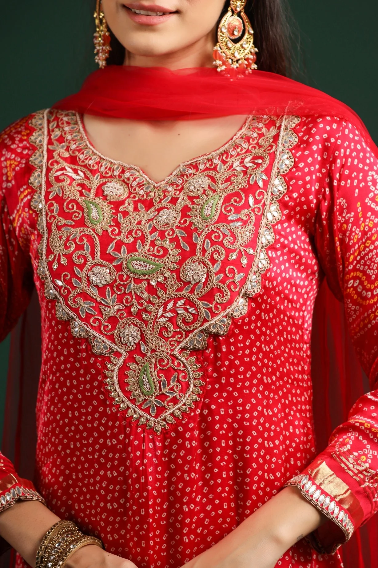 Red Bandhej Printed Gazzi Silk Pants Set - Image 6
