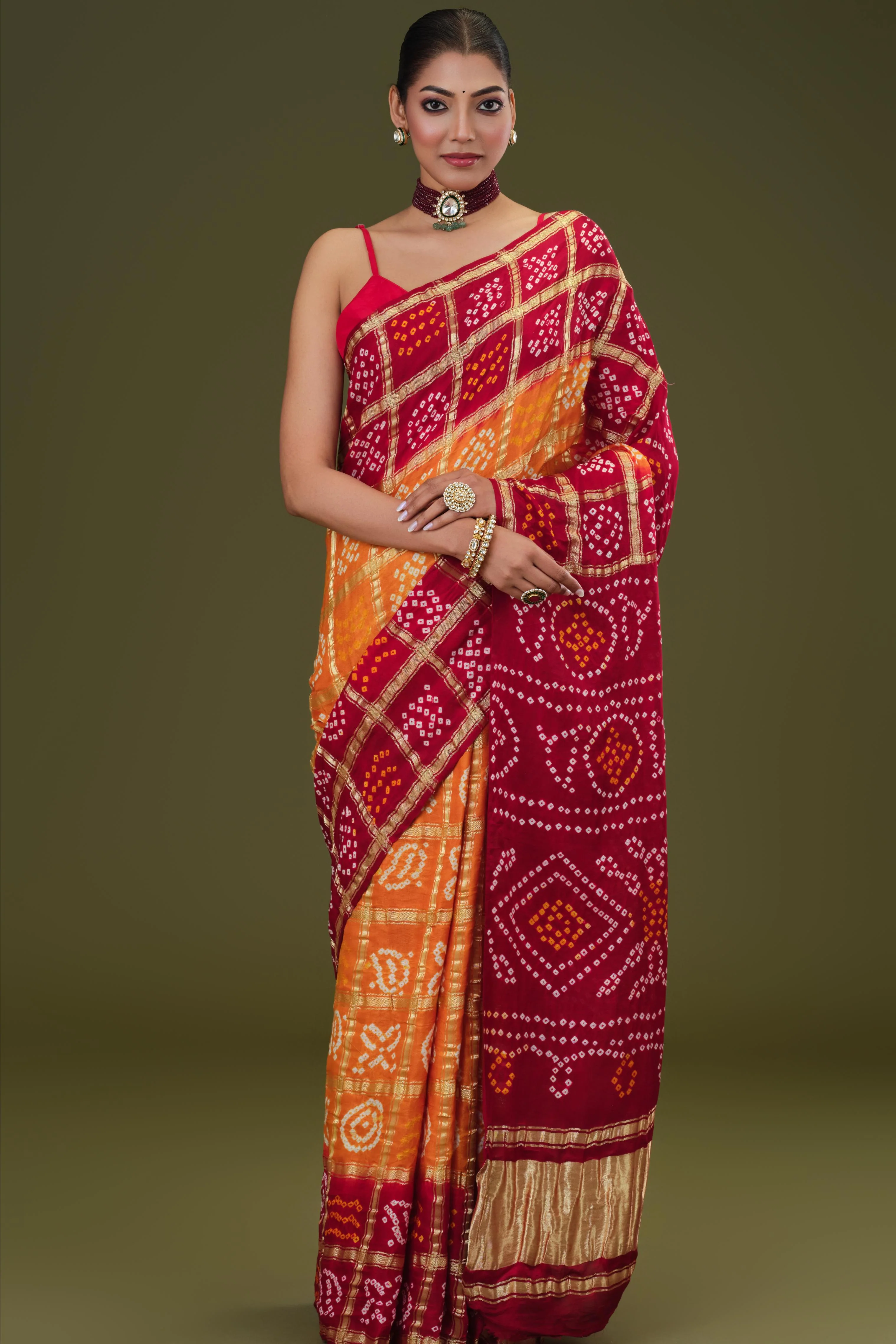 Red Bandhani Pure Gazzi Silk Saree - Image 2