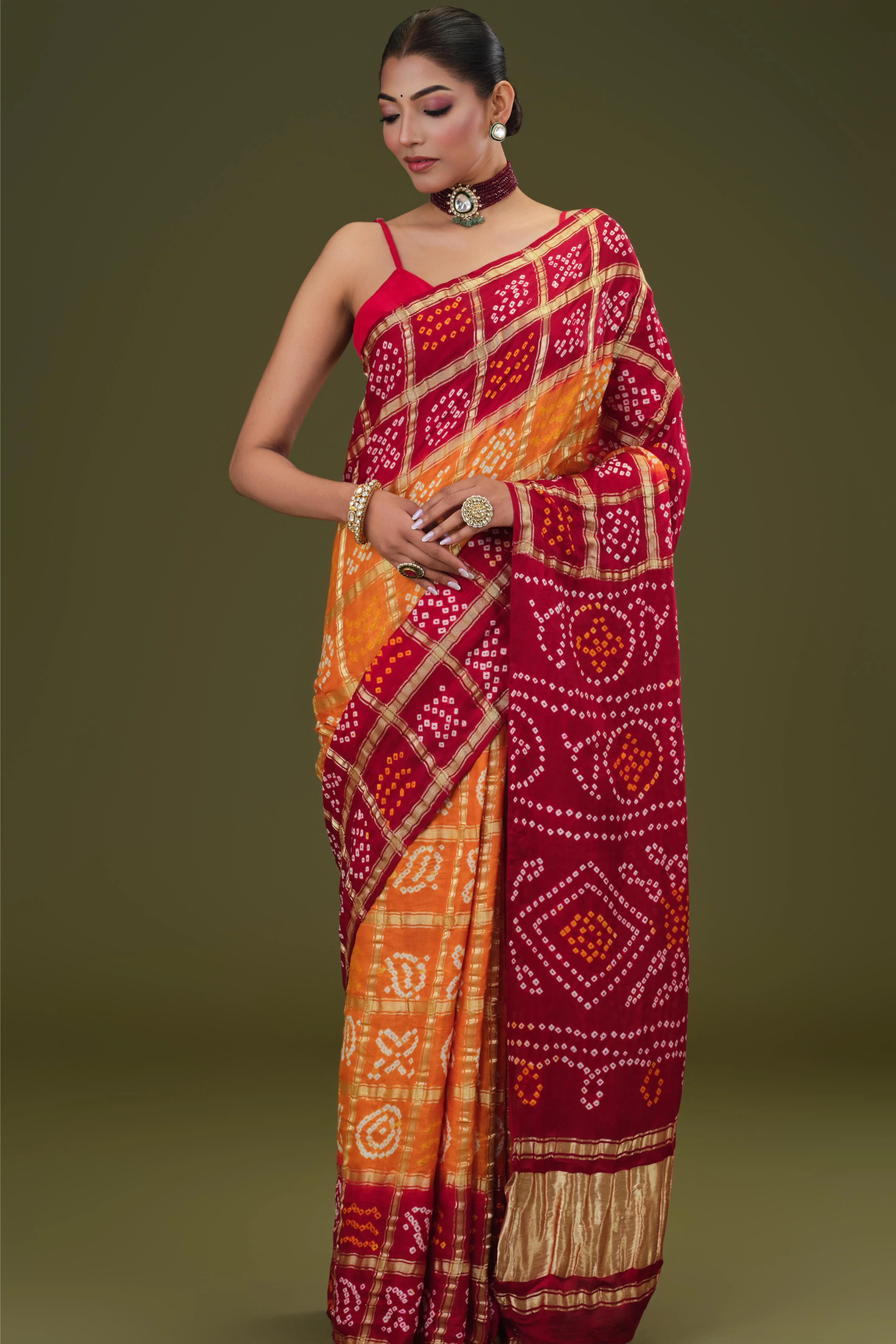 Red Bandhani Pure Gazzi Silk Saree - Image 3