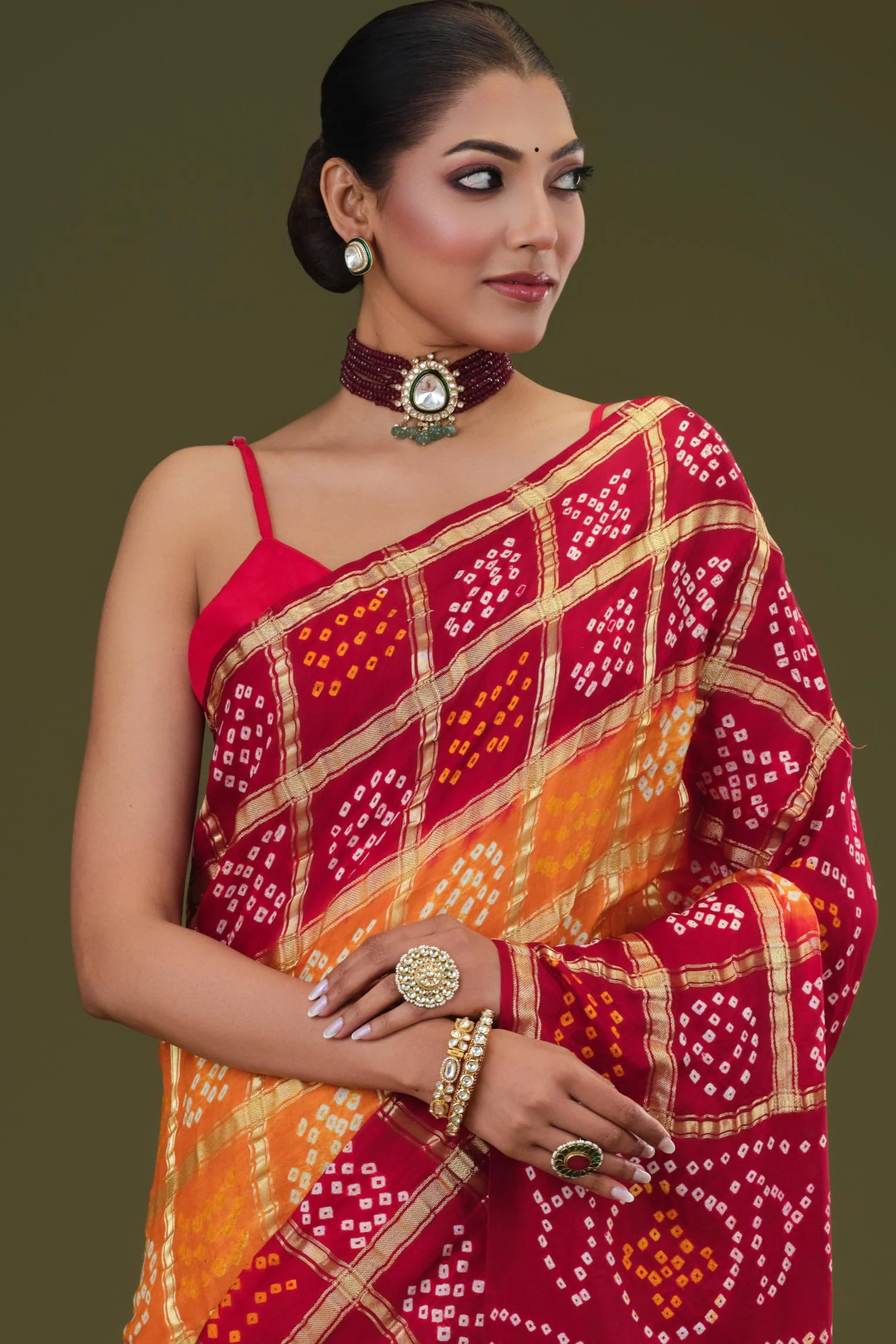 Red Bandhani Pure Gazzi Silk Saree - Image 6