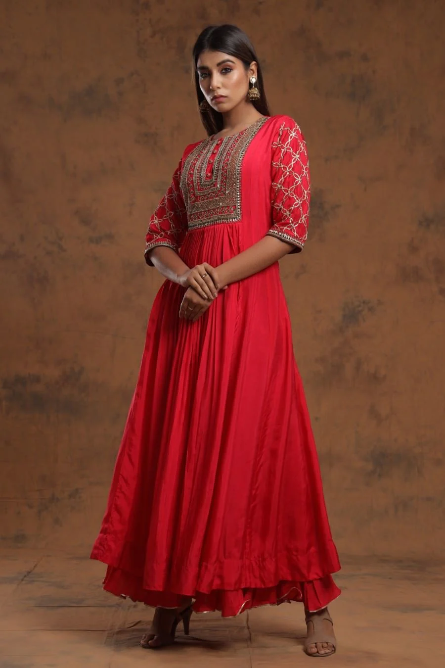 Red Chanderi Silk Kalidar Kurti With Embroidery - Image 3