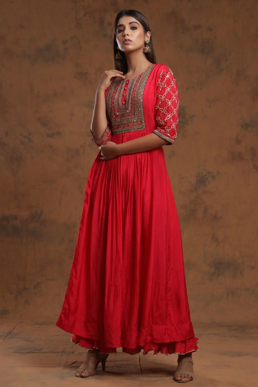 Red Chanderi Silk Kalidar Kurti With Embroidery - Image 4