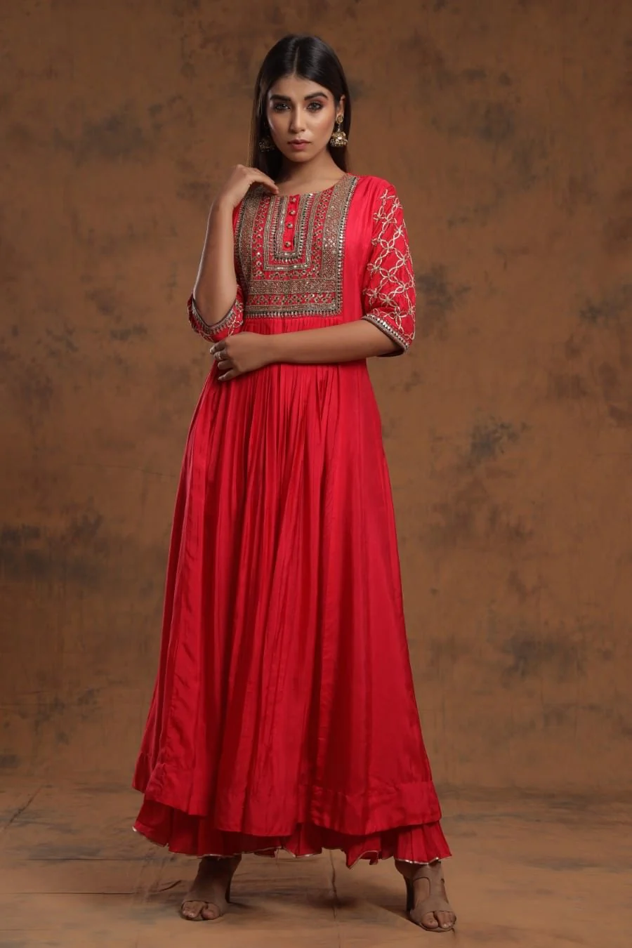 Red Chanderi Silk Kalidar Kurti With Embroidery - Image 5