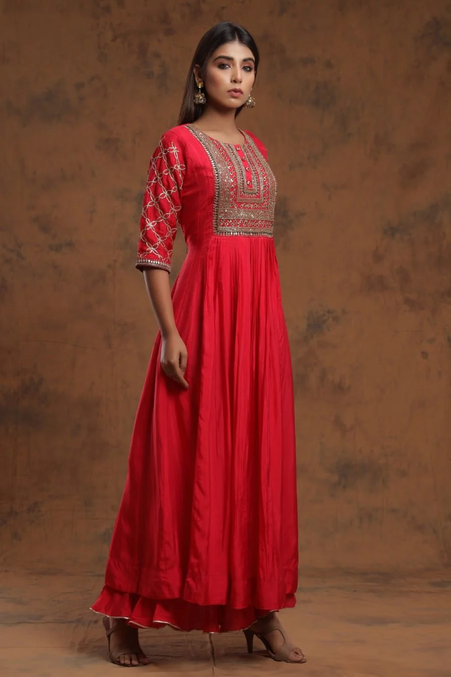 Red Chanderi Silk Kalidar Kurti With Embroidery - Image 6