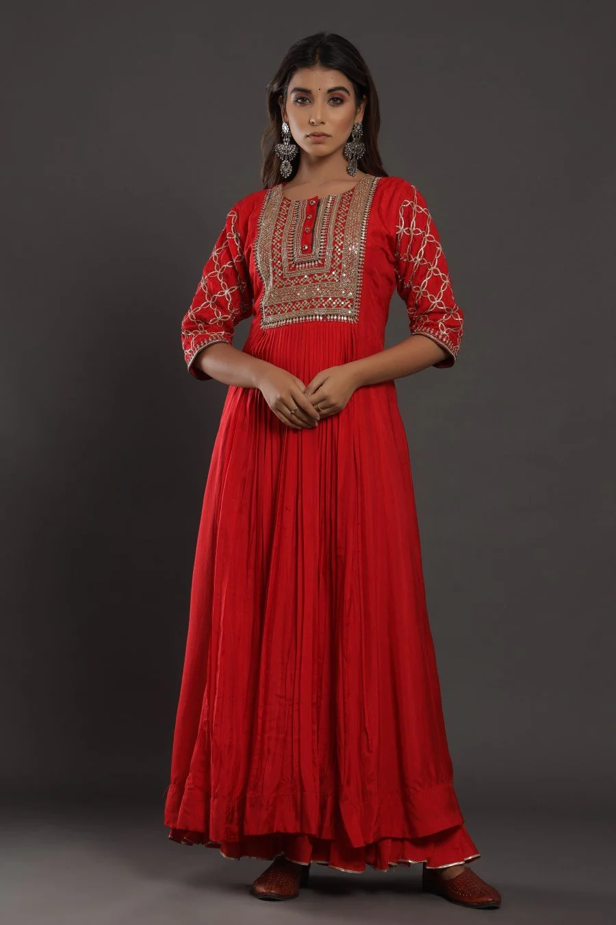 Red Colour Chanderi Silk Kalidar Kurta With Embroidery - Image 3