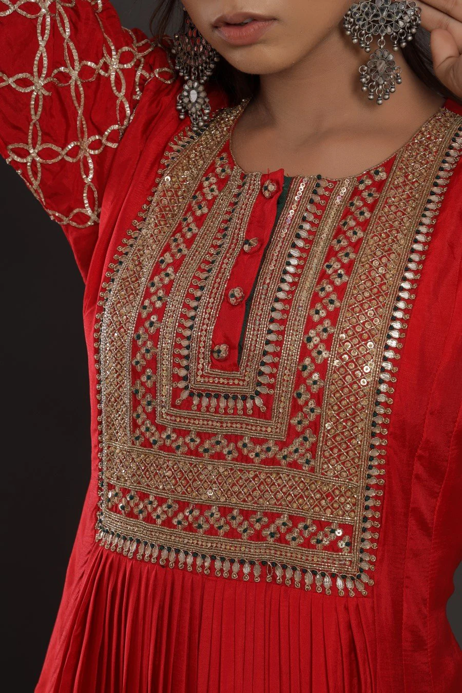 Red Colour Chanderi Silk Kalidar Kurta With Embroidery - Image 5