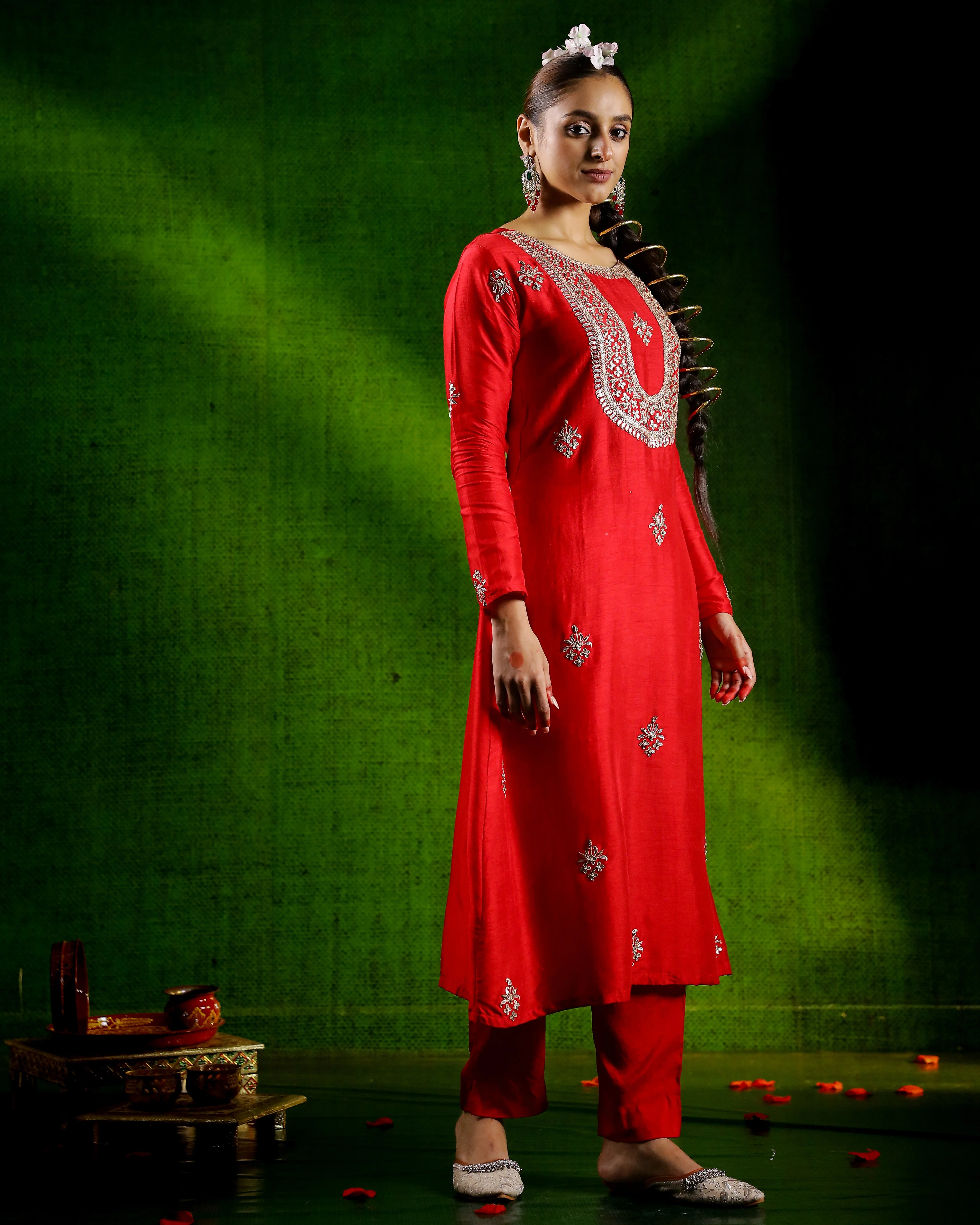 Red Embellished Belgium Silk Kurta Set - Image 3