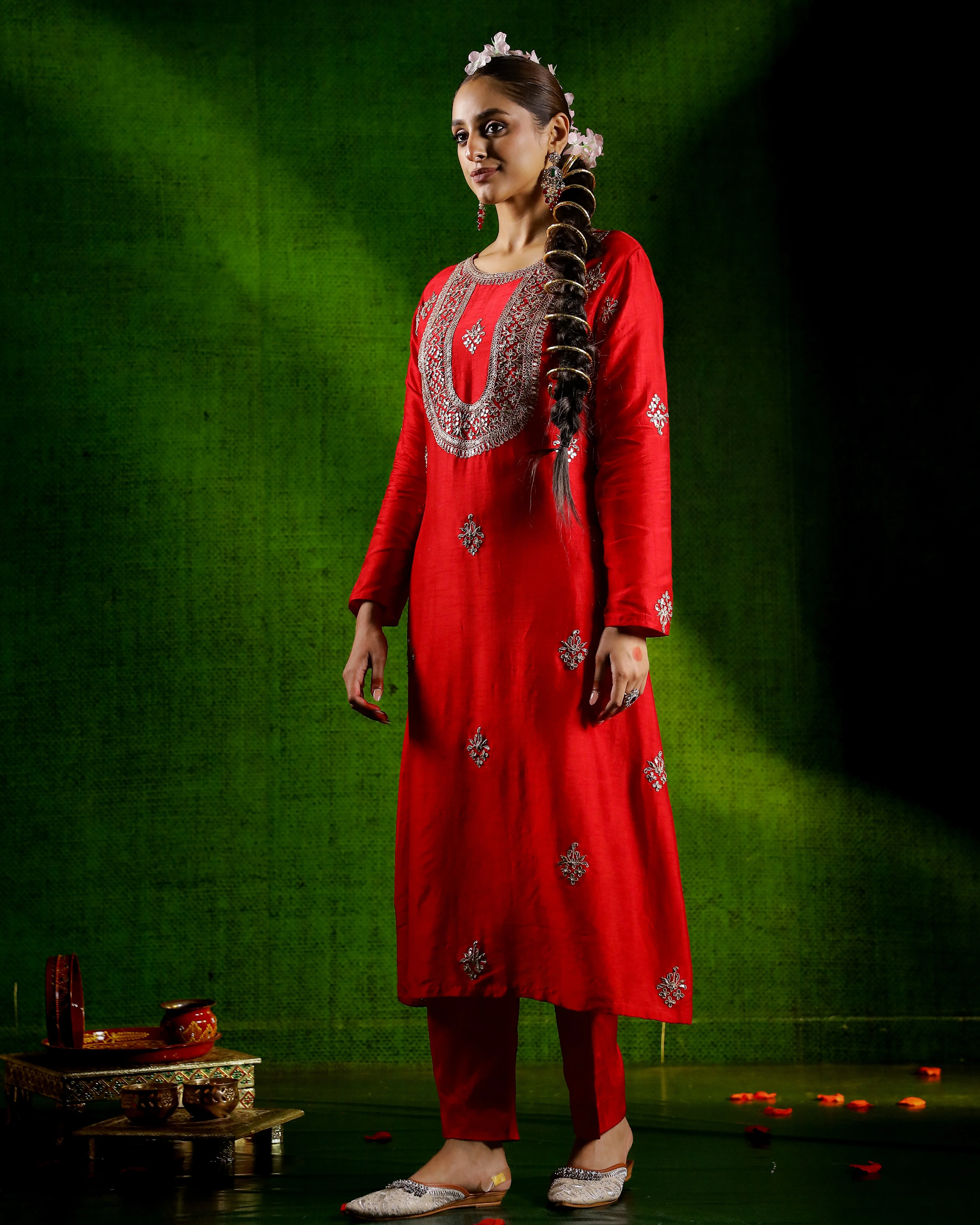 Red Embellished Belgium Silk Kurta Set - Image 4