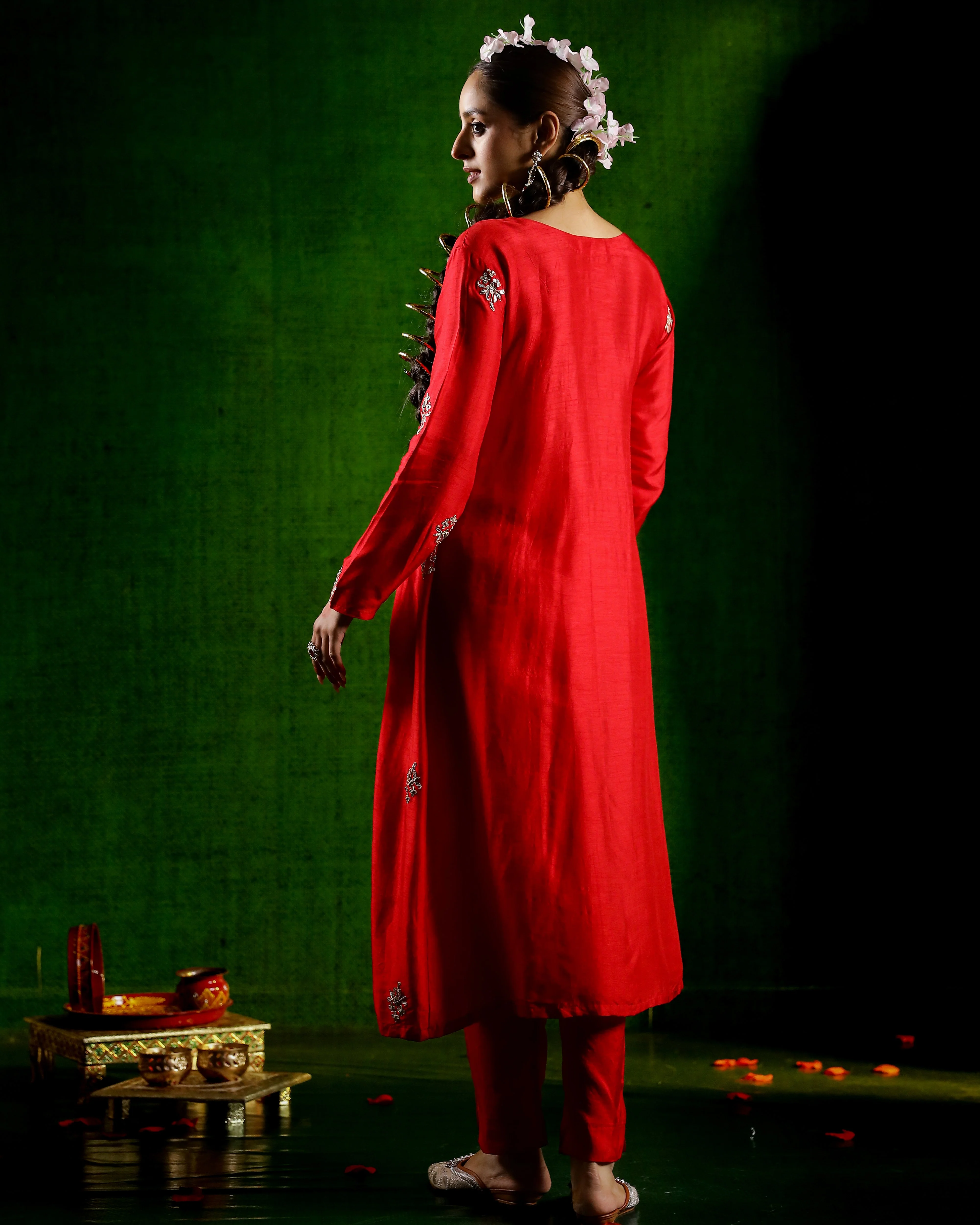 Red Embellished Belgium Silk Kurta Set - Image 5