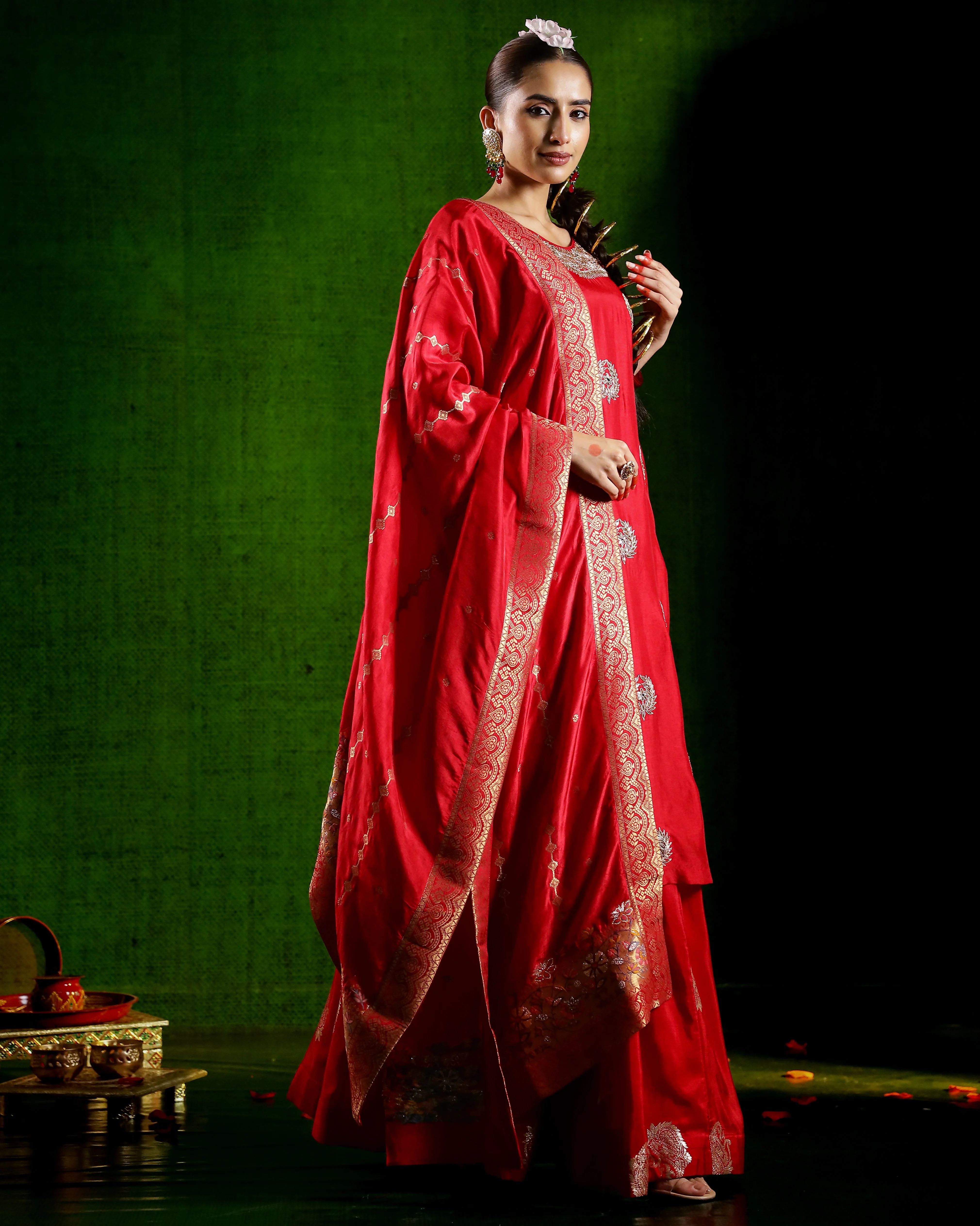 Red Embellished Italian Brocade Silk Skirt Set - Image 3