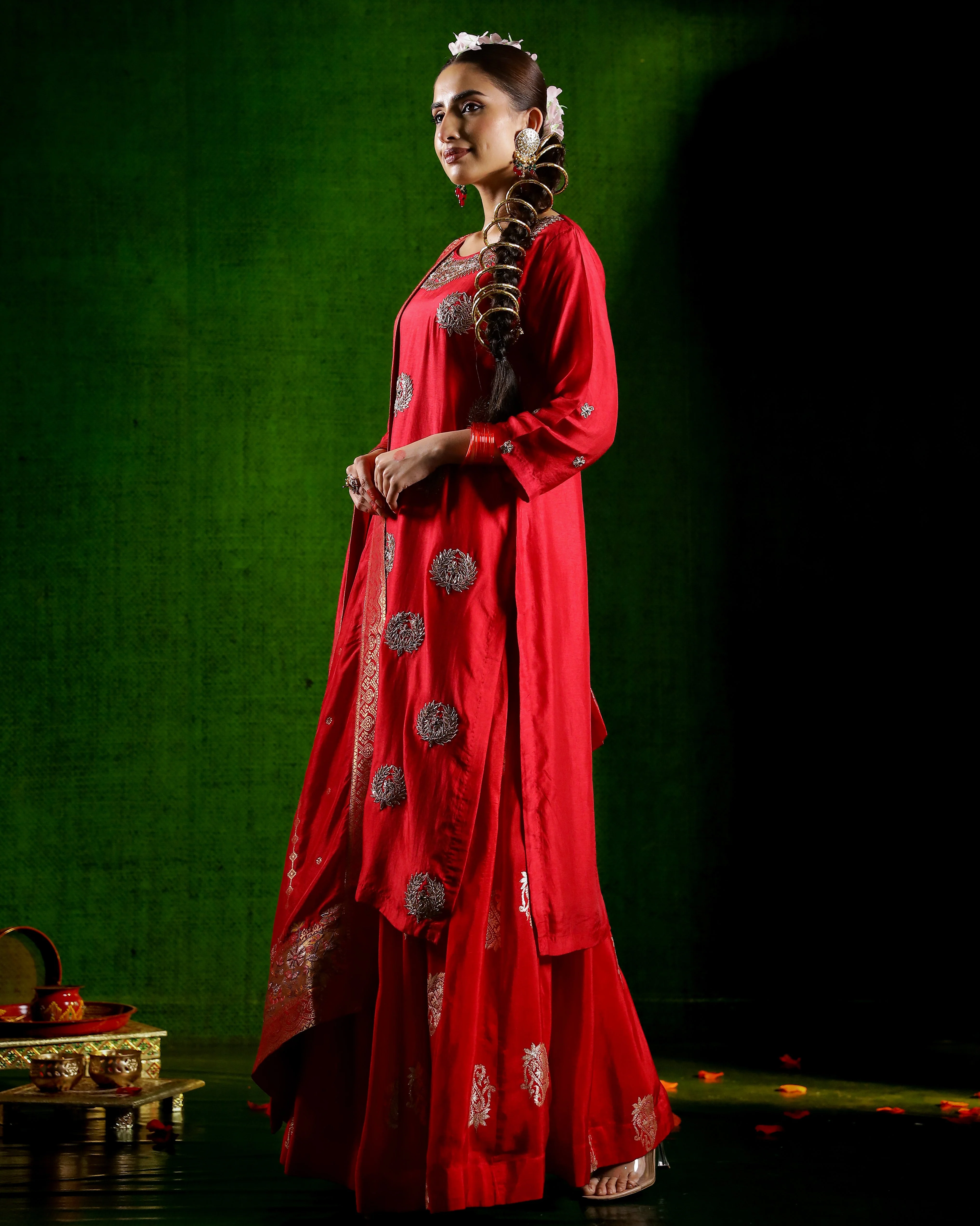 Red Embellished Italian Brocade Silk Skirt Set - Image 4