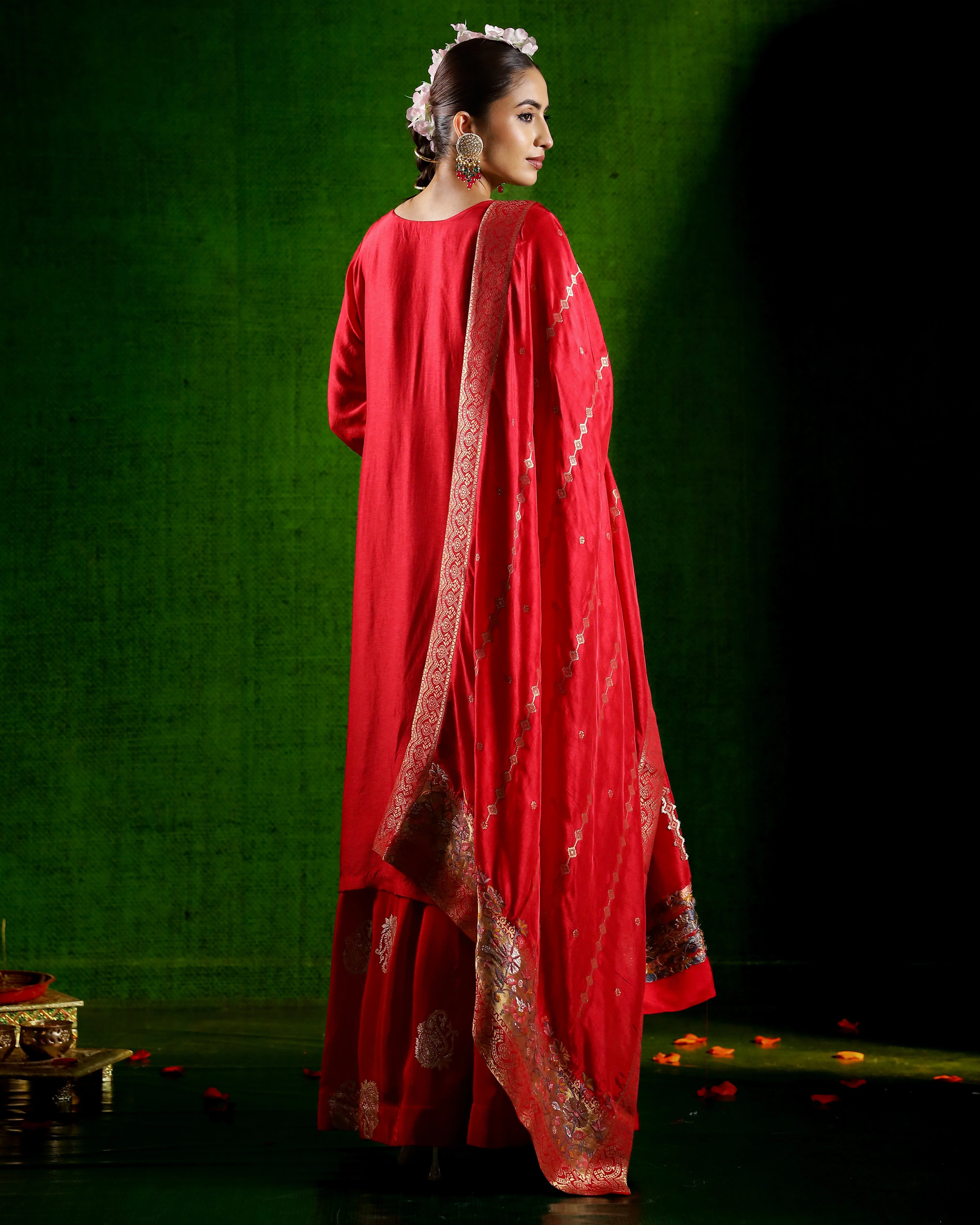 Red Embellished Italian Brocade Silk Skirt Set - Image 5
