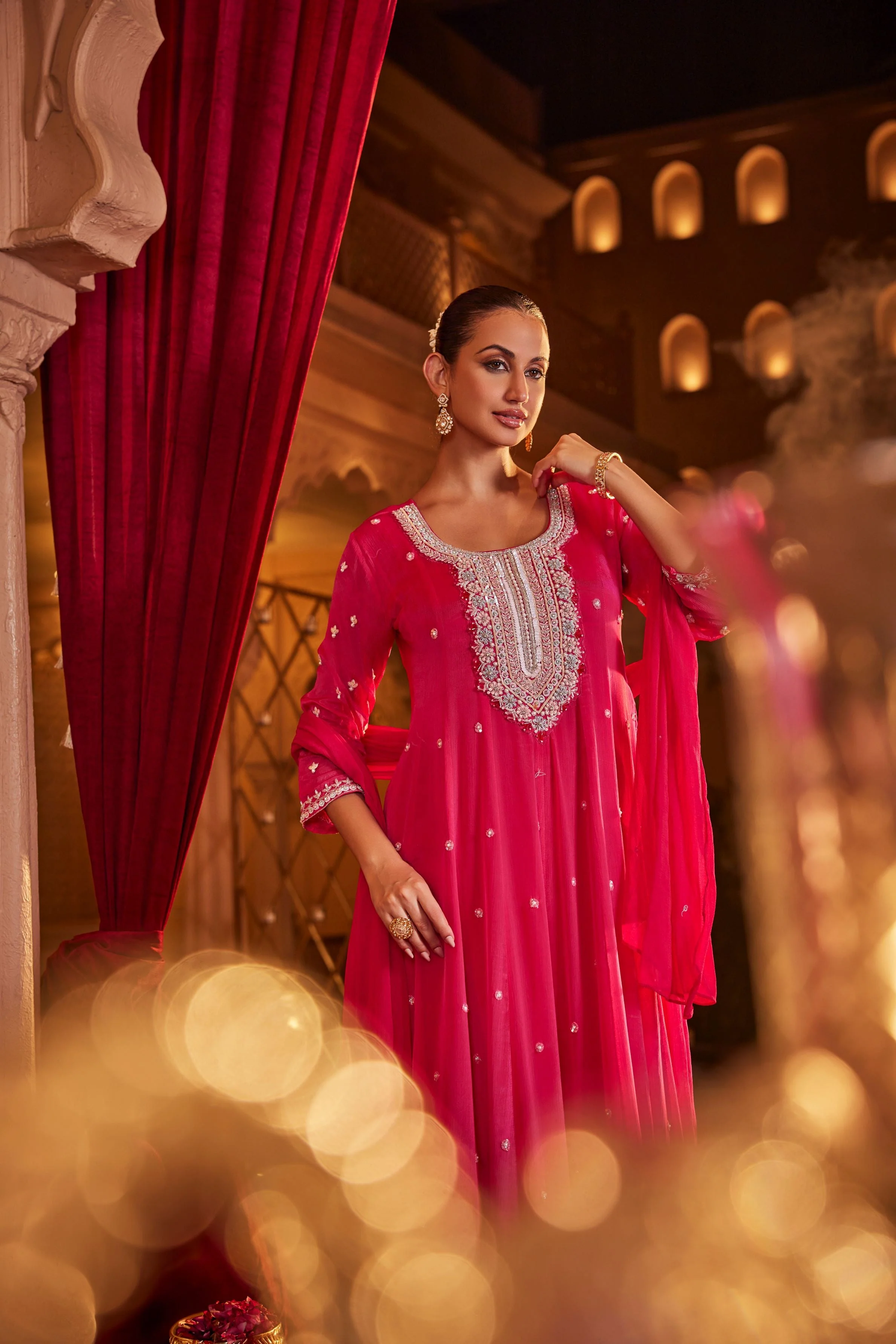 Red Embellished Chinon Silk Anarkali Set - Image 2