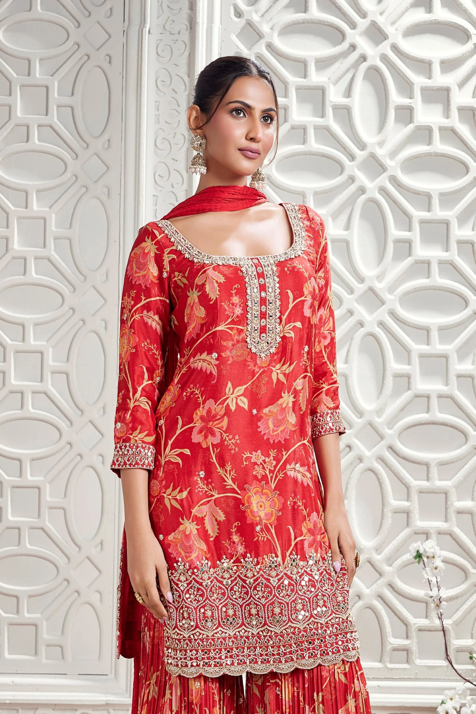 Crimson Red Embellished Chinon Silk Palazzo Set - Image 2