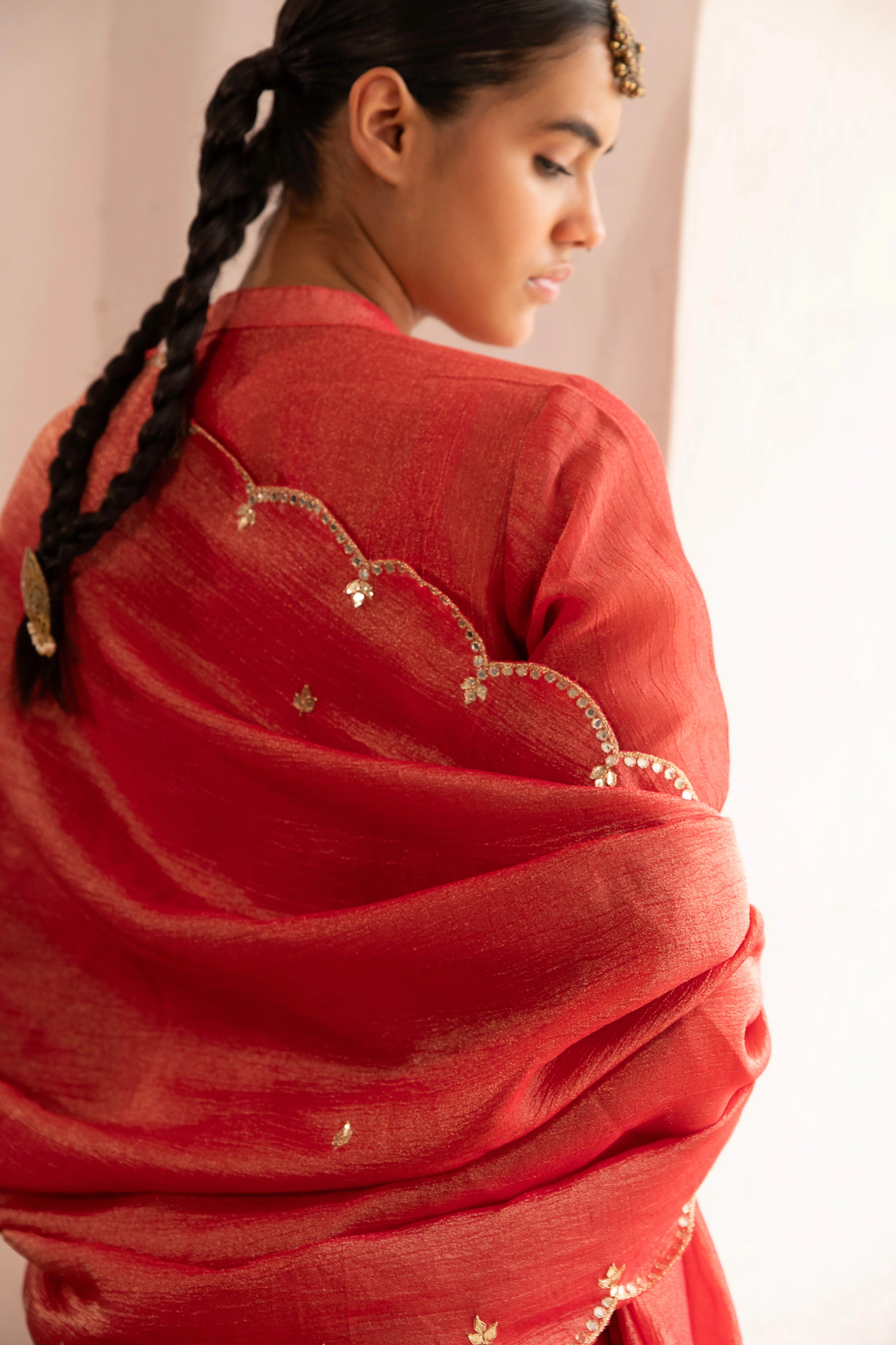 Pure Red Embellished Crushed Tissue Silk Pant Set - Image 2