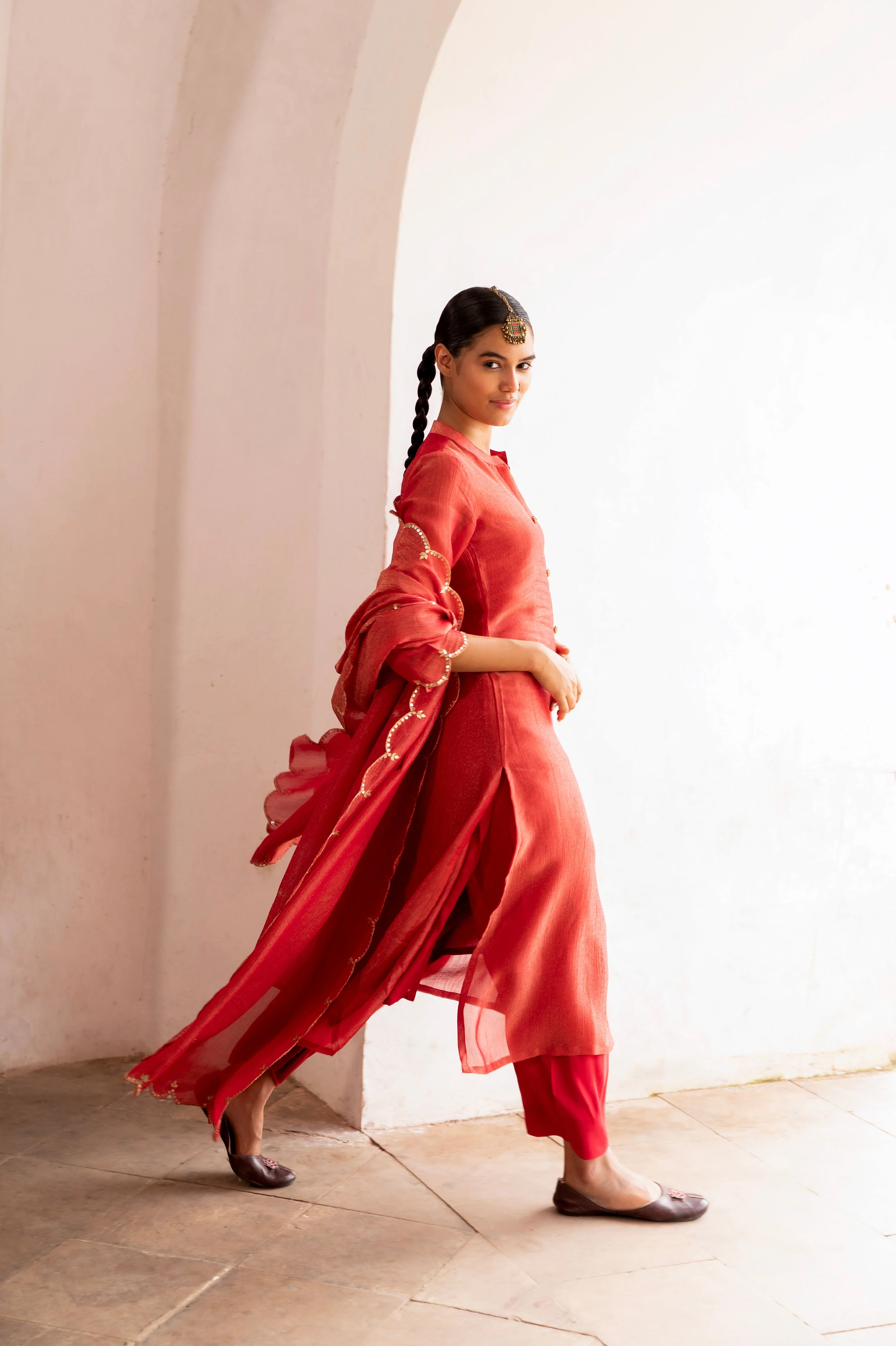 Pure Red Embellished Crushed Tissue Silk Pant Set - Image 3