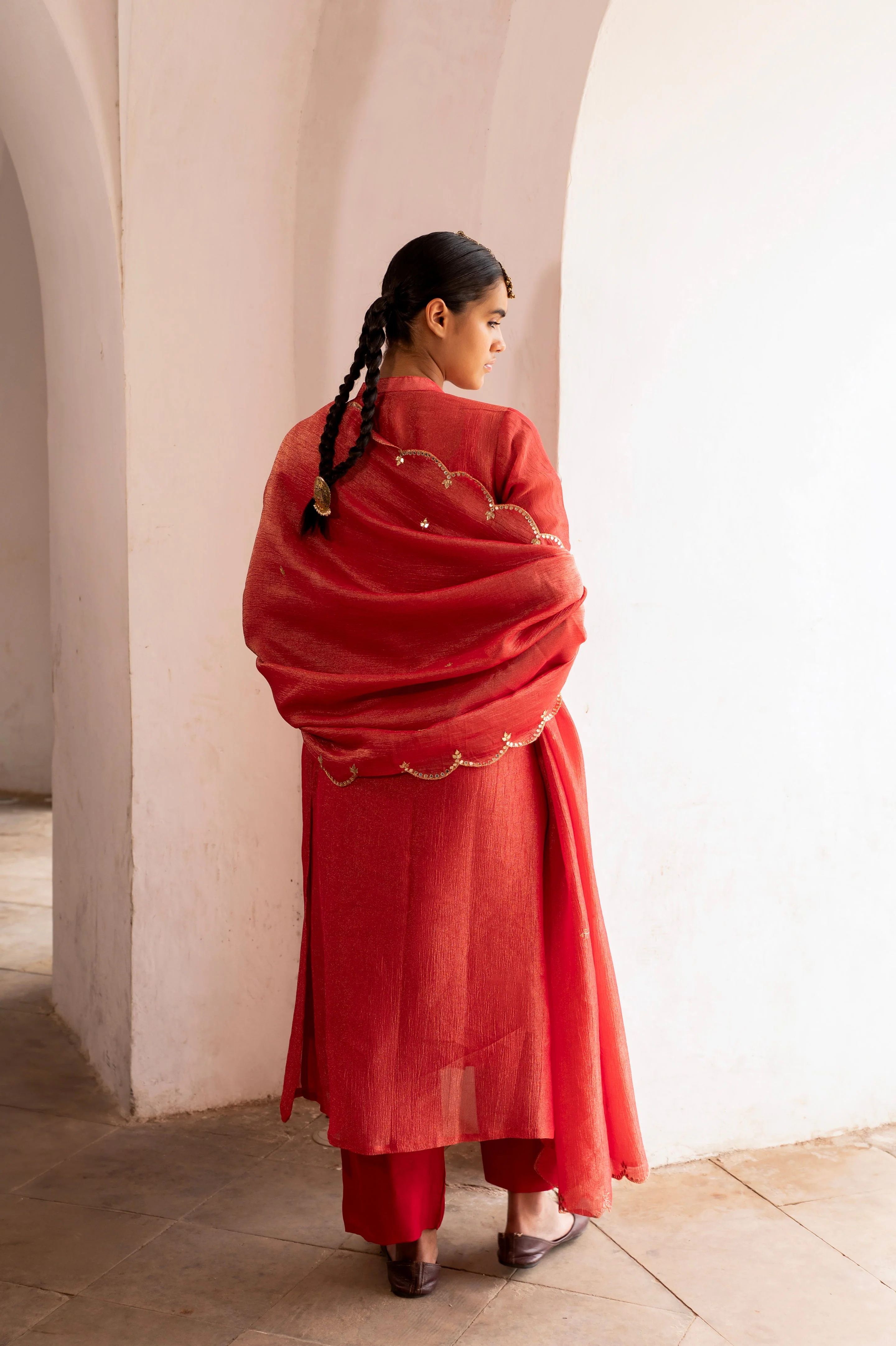 Pure Red Embellished Crushed Tissue Silk Pant Set - Image 4