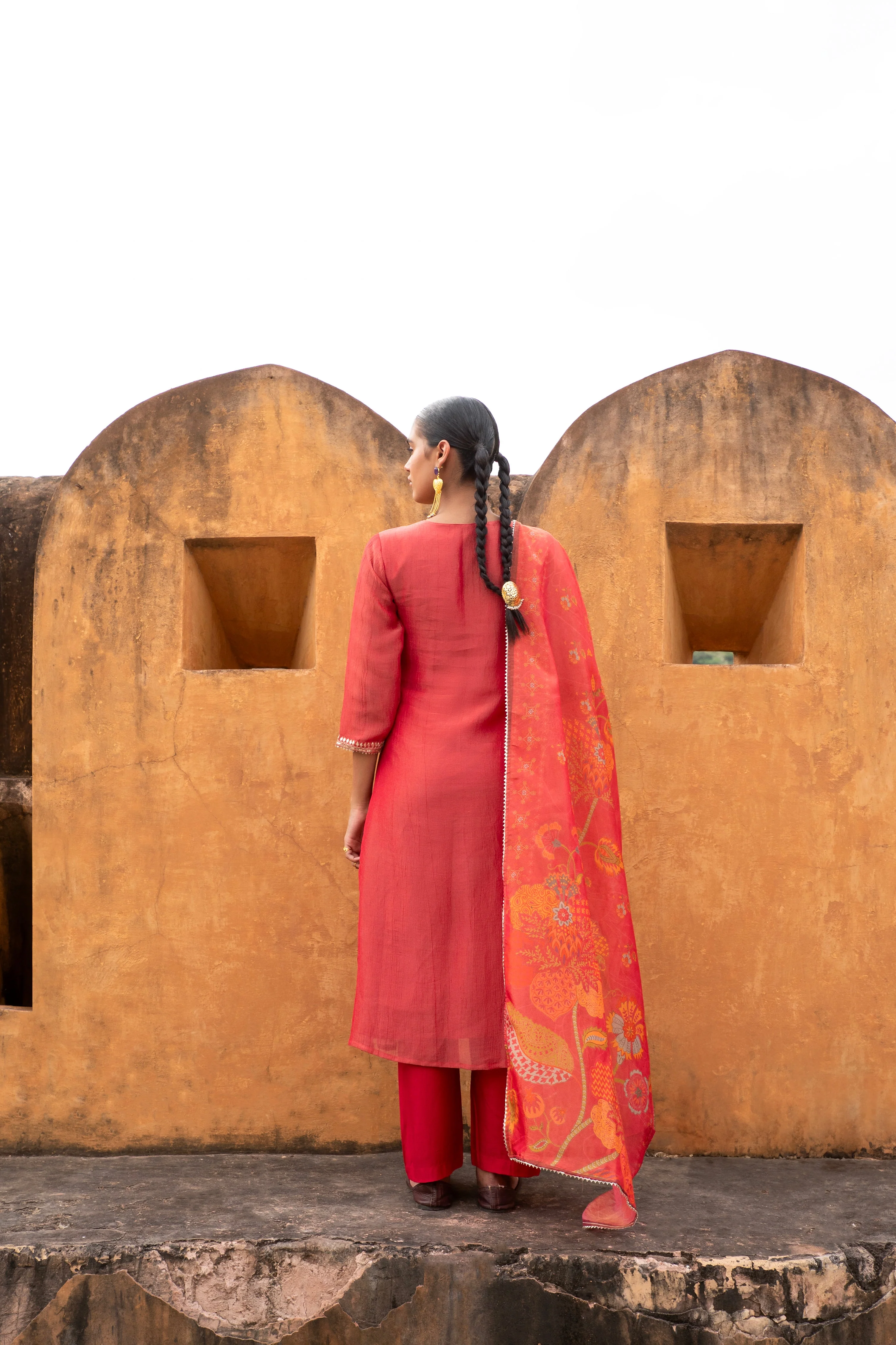 Red Embellished Crushed Tissue Silk Pant Set - Image 4