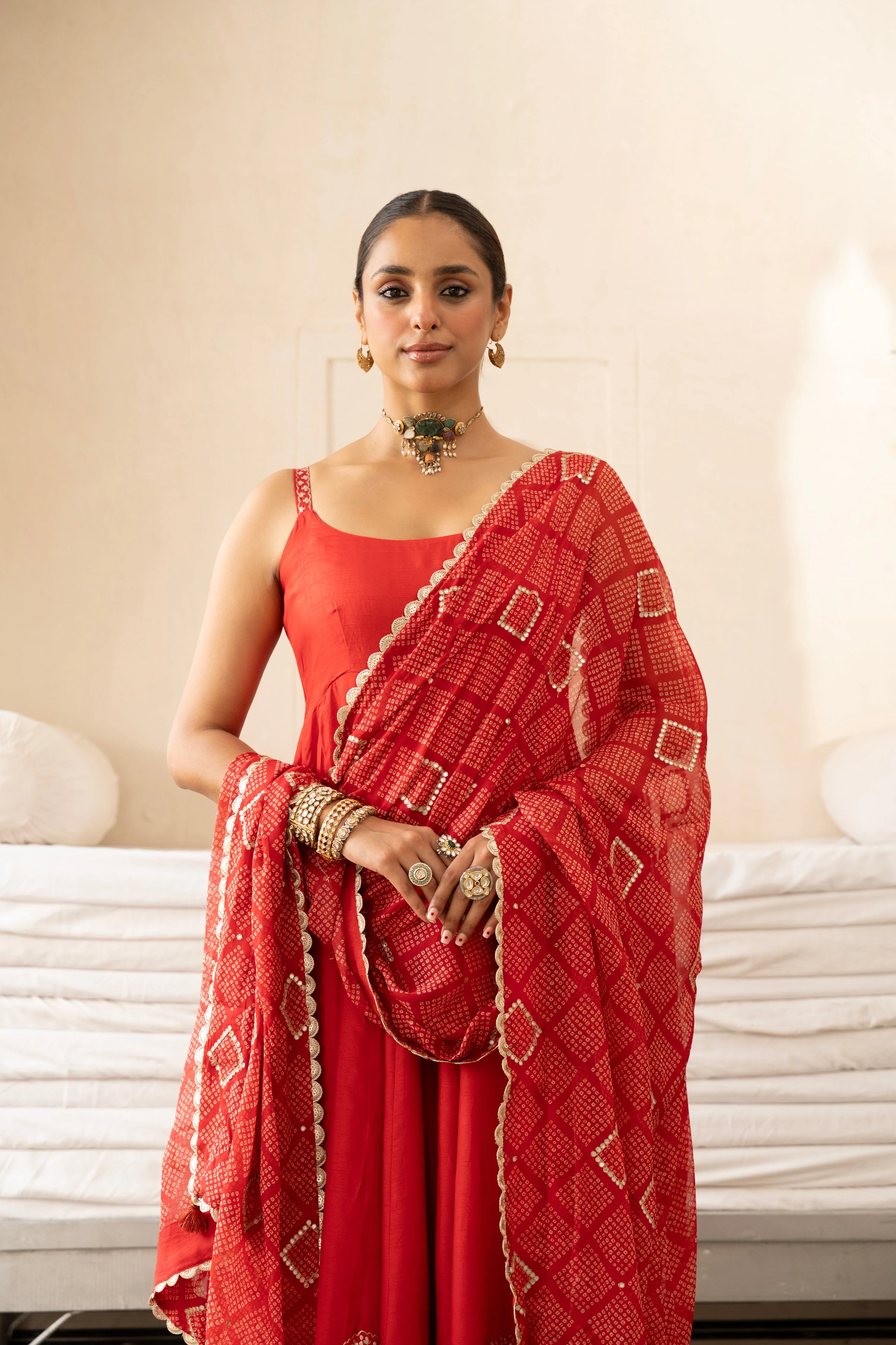 Red Embellished Dola Silk Pant Set - Image 2