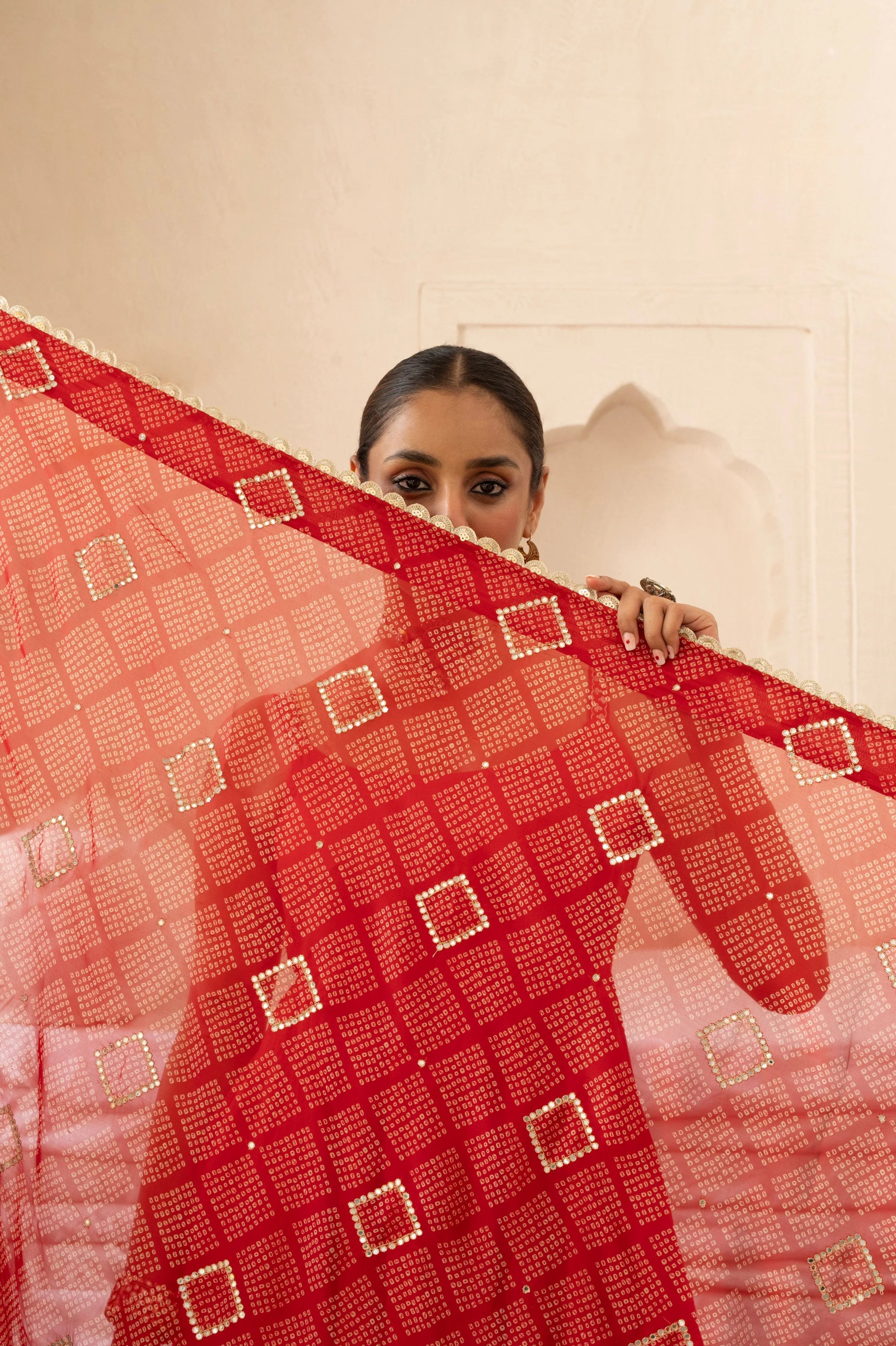 Red Embellished Dola Silk Pant Set - Image 3