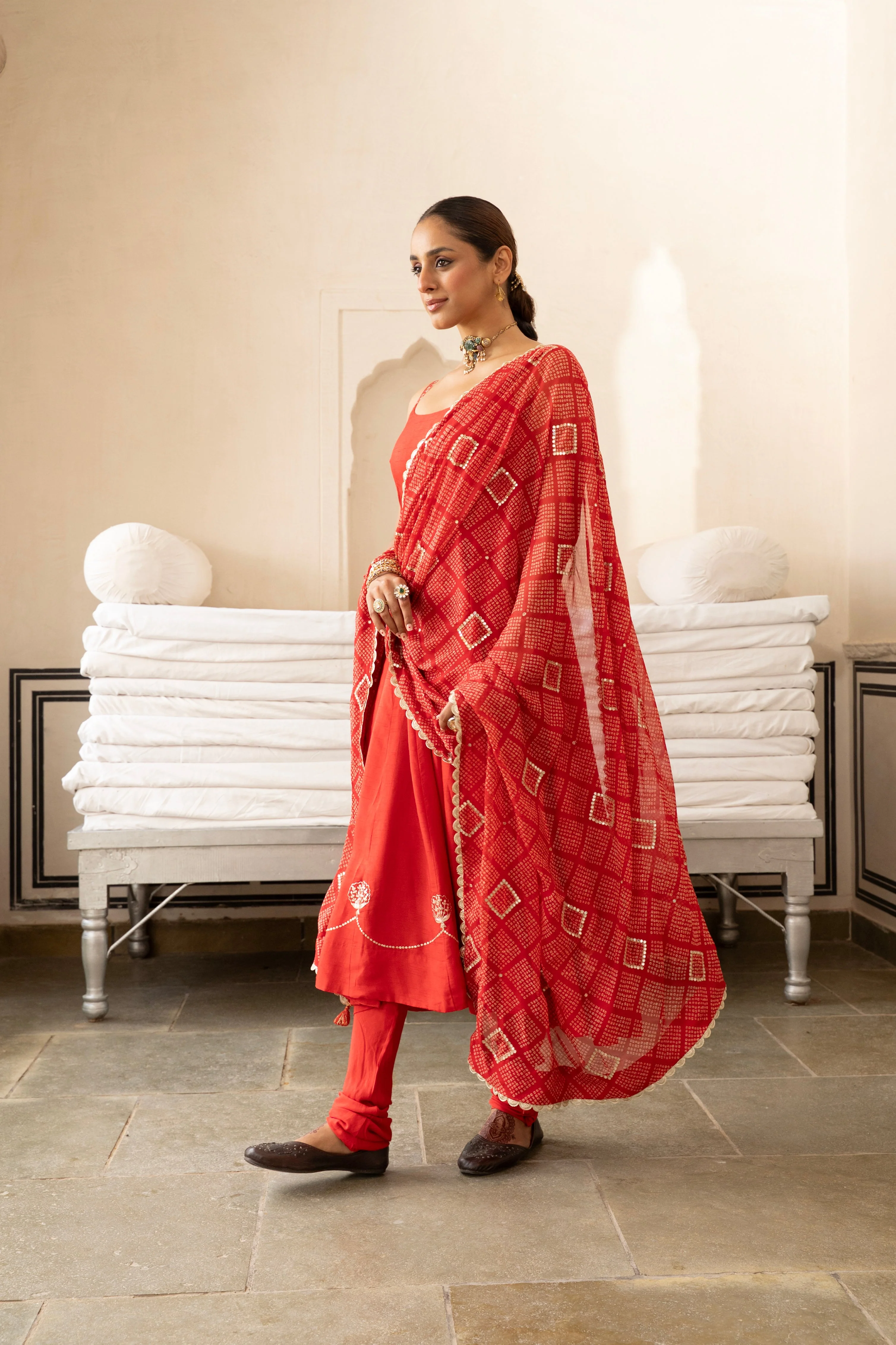 Red Embellished Dola Silk Pant Set - Image 4