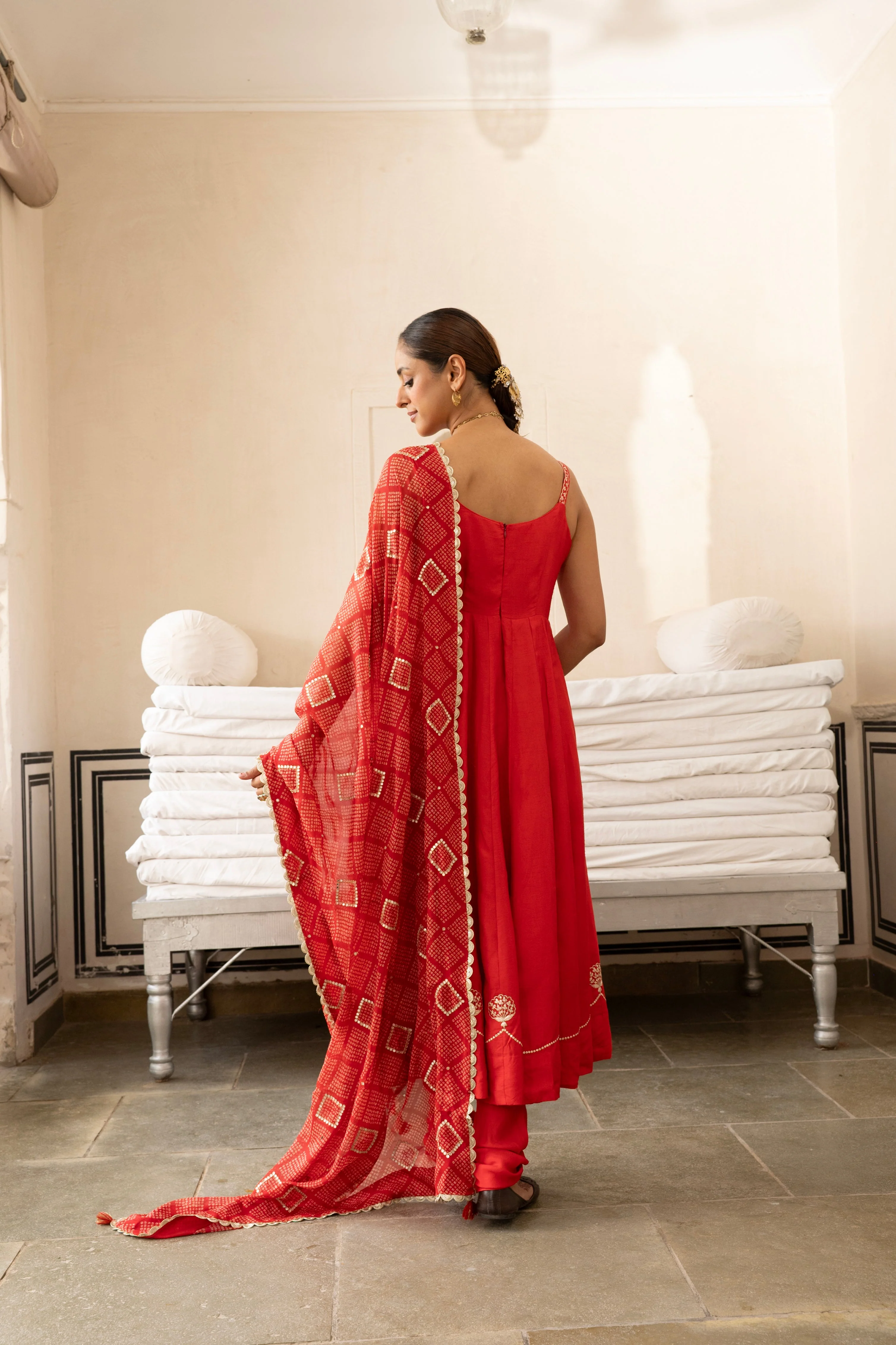 Red Embellished Dola Silk Pant Set - Image 5
