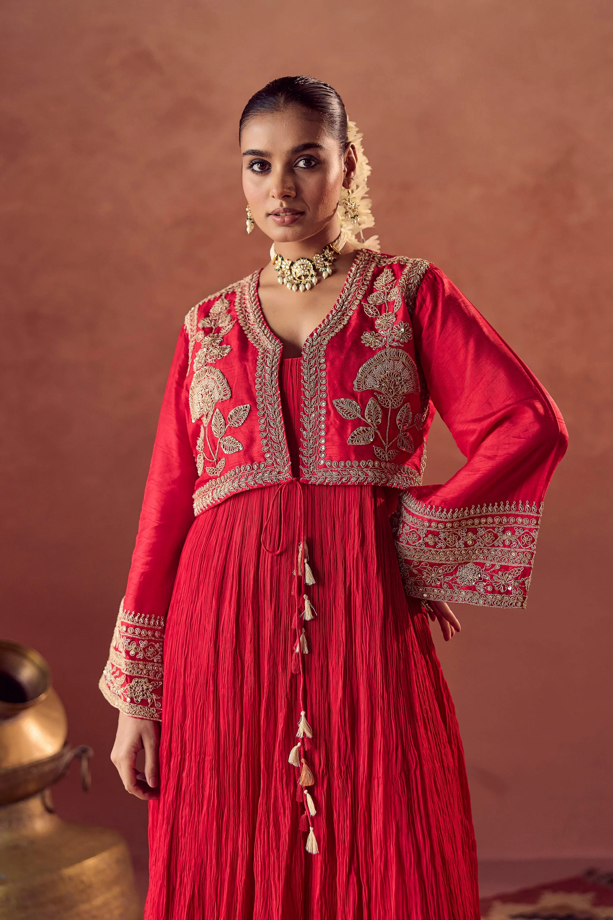 Scarlet Red Embellished Georgette Silk Palazzo Set - Image 3