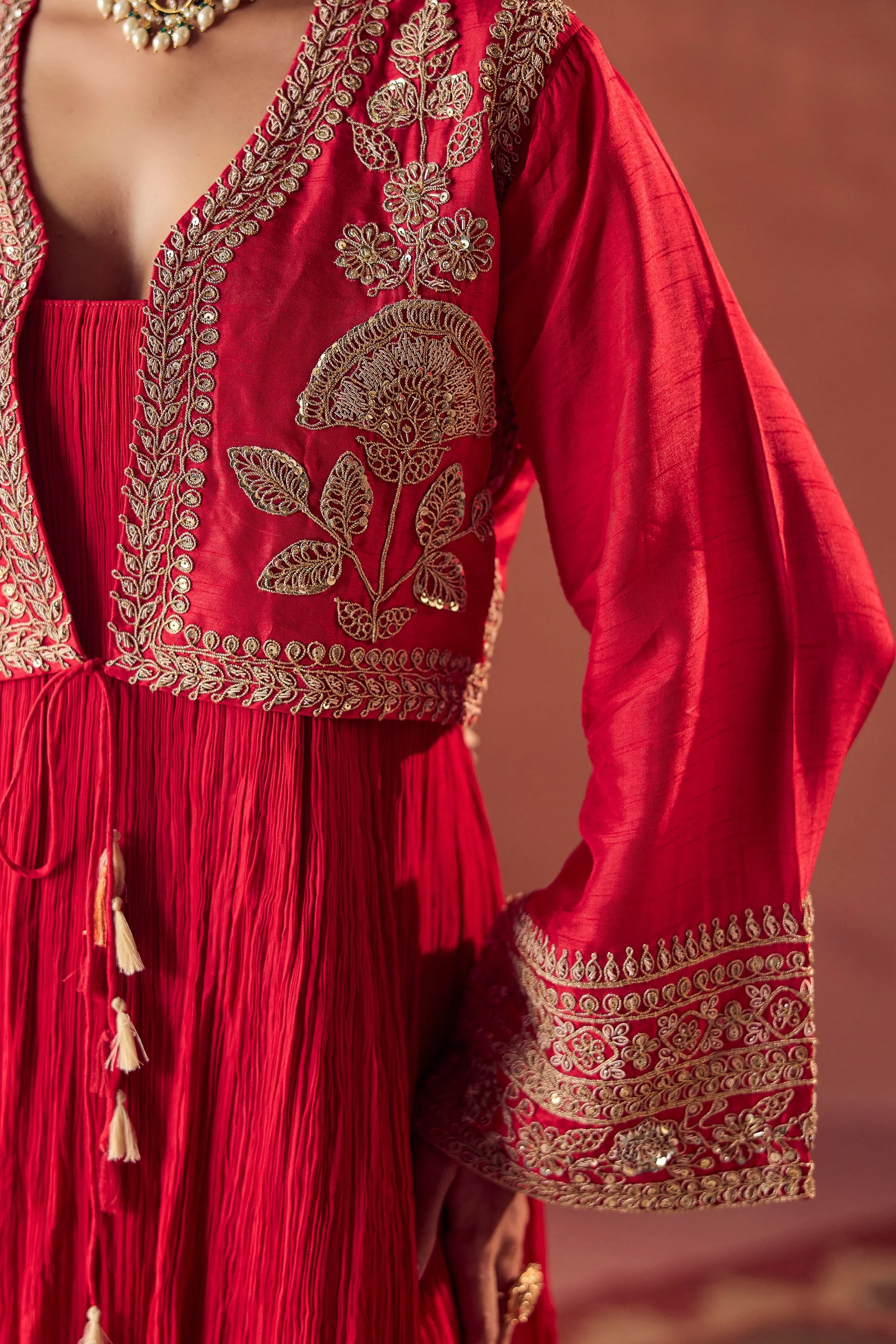 Scarlet Red Embellished Georgette Silk Palazzo Set - Image 4