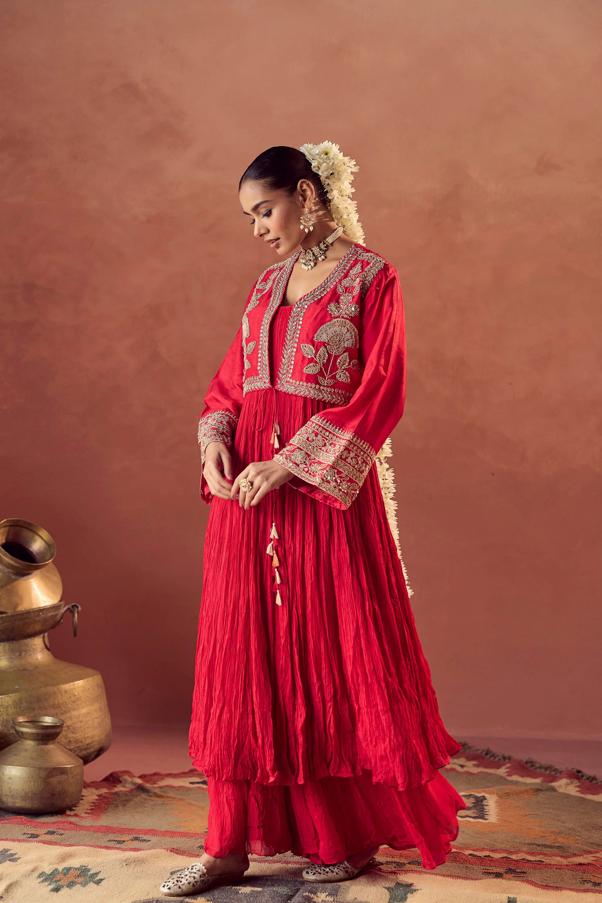 Scarlet Red Embellished Georgette Silk Palazzo Set - Image 5