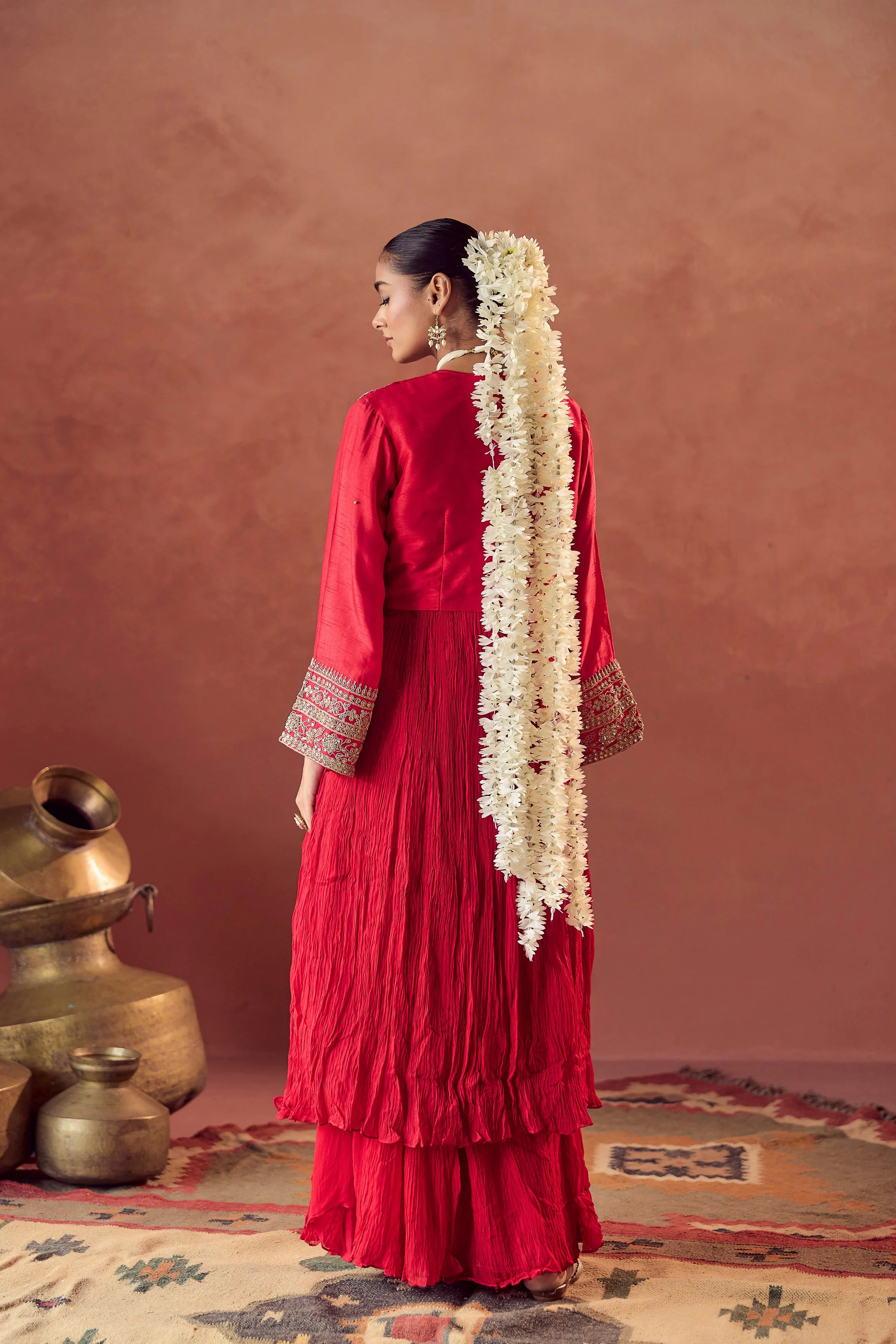 Scarlet Red Embellished Georgette Silk Palazzo Set - Image 6