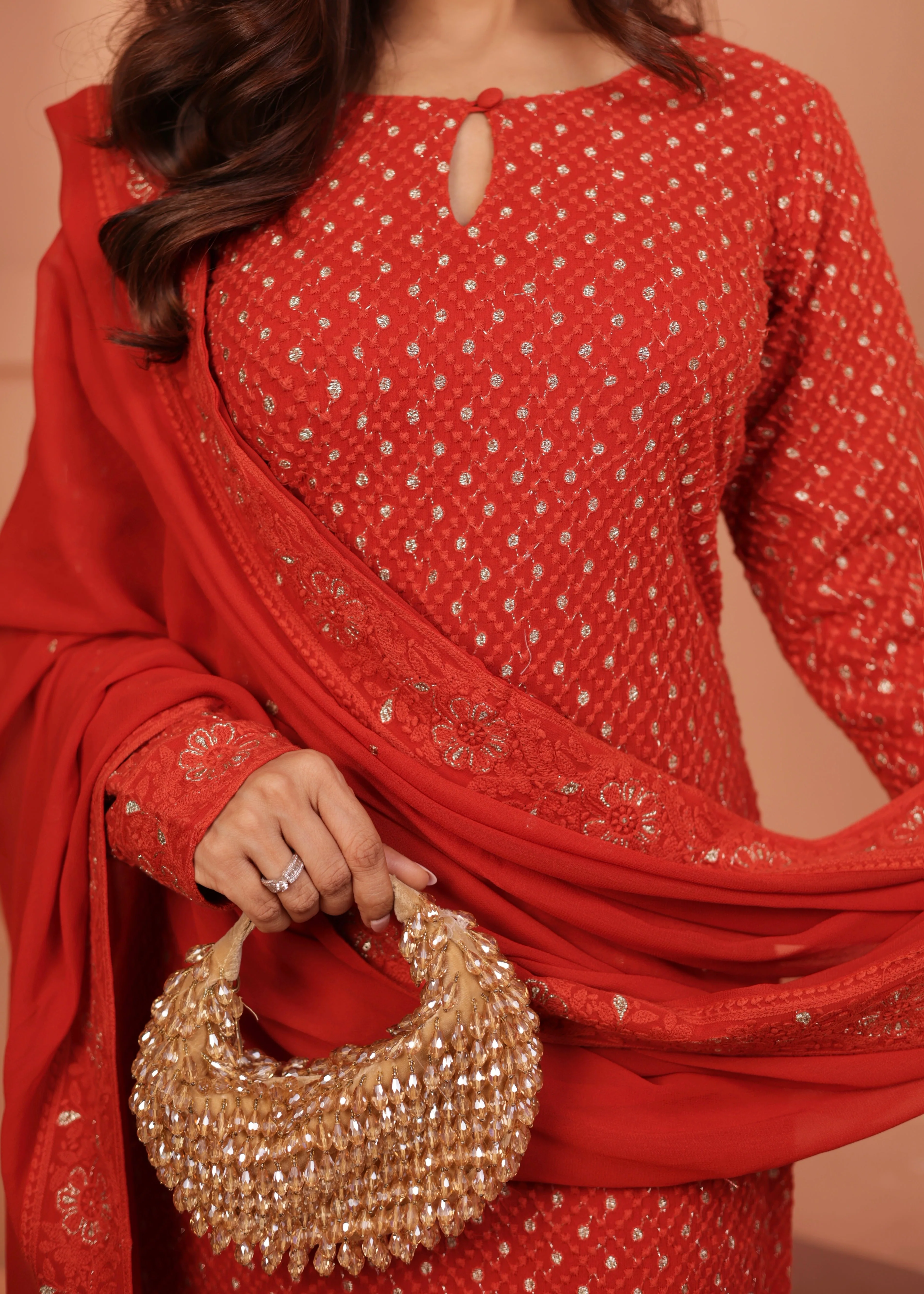 Bright Red Embellished Georgette Silk Pant Set - Image 2