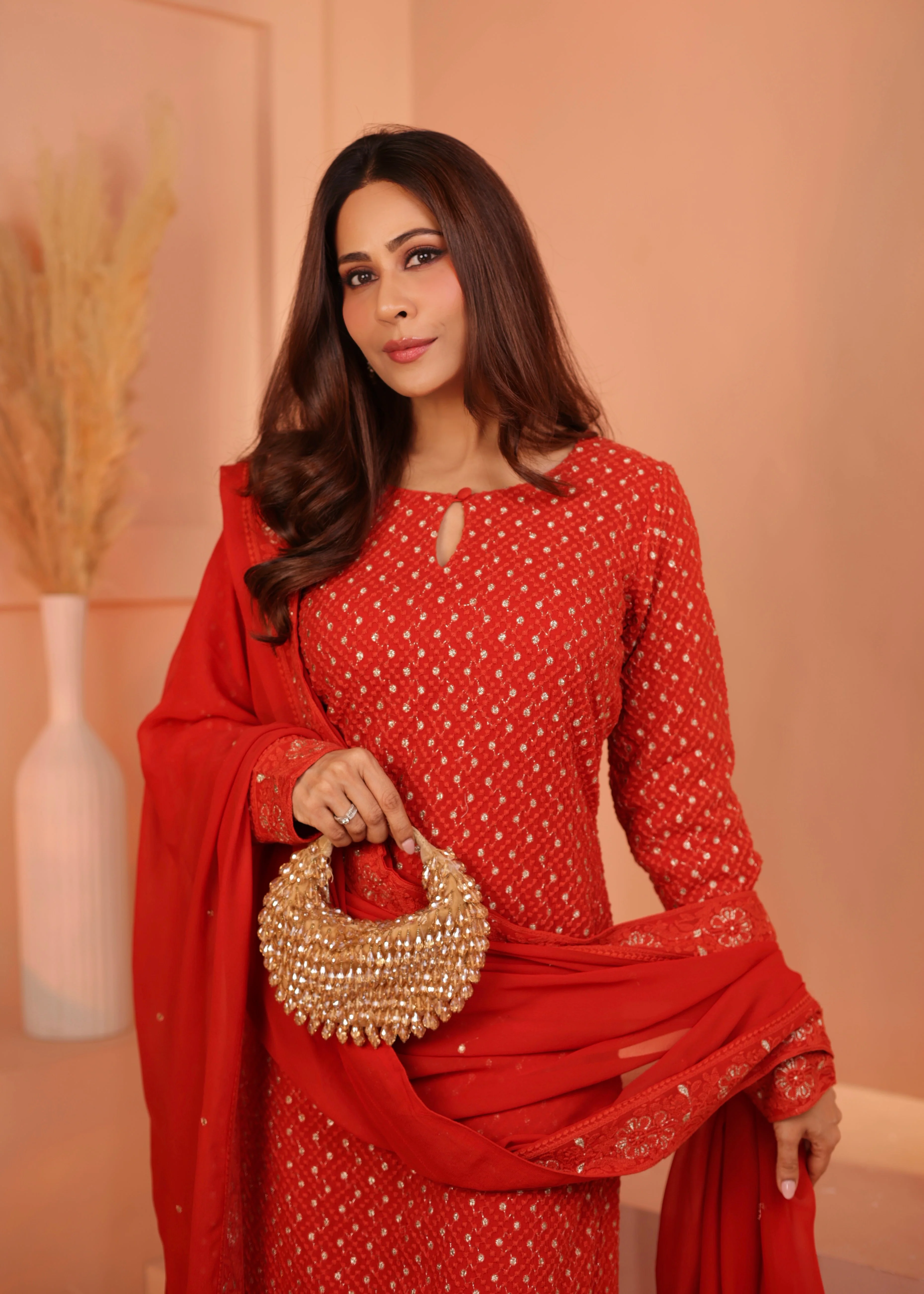 Bright Red Embellished Georgette Silk Pant Set - Image 3