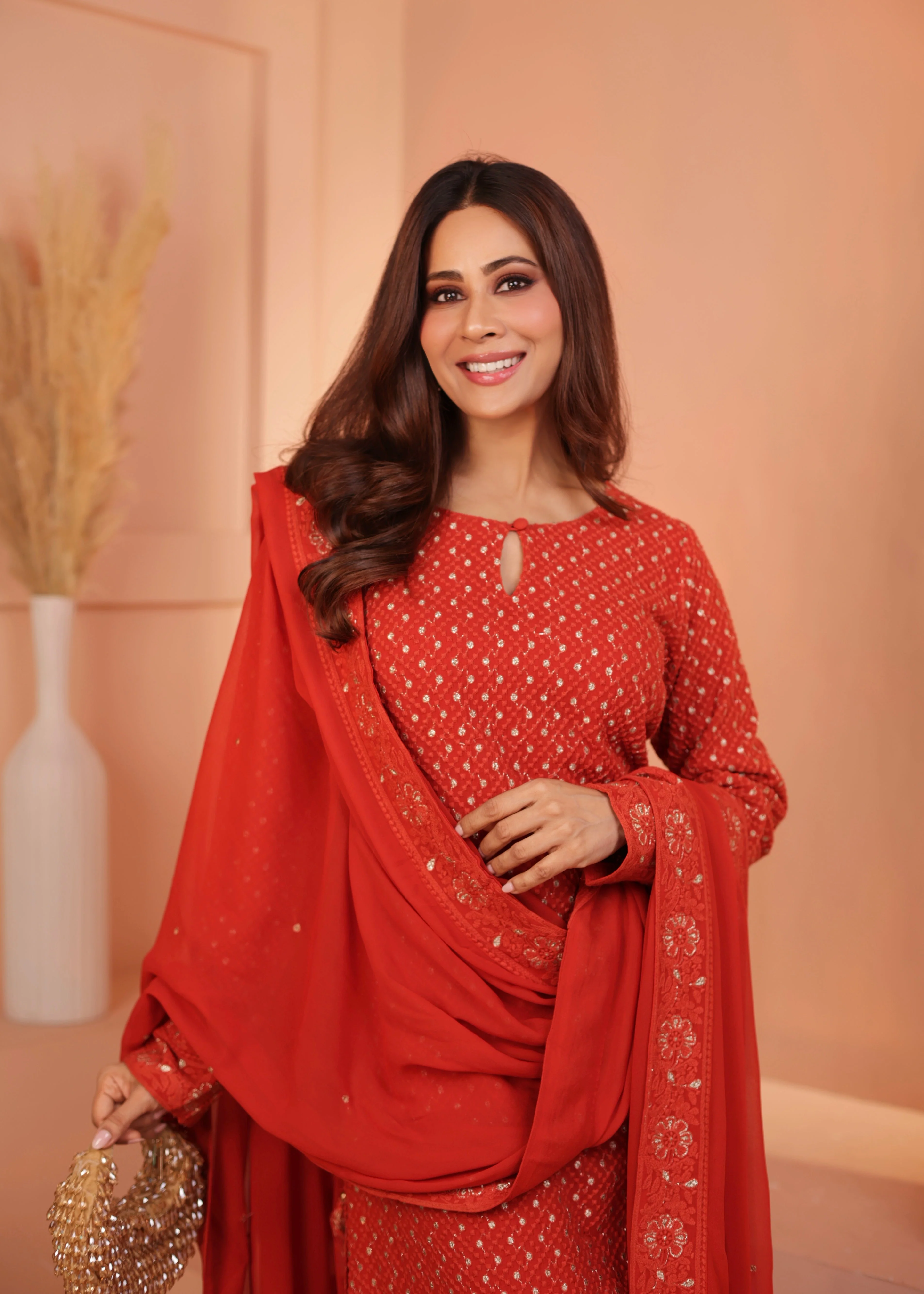 Bright Red Embellished Georgette Silk Pant Set - Image 4