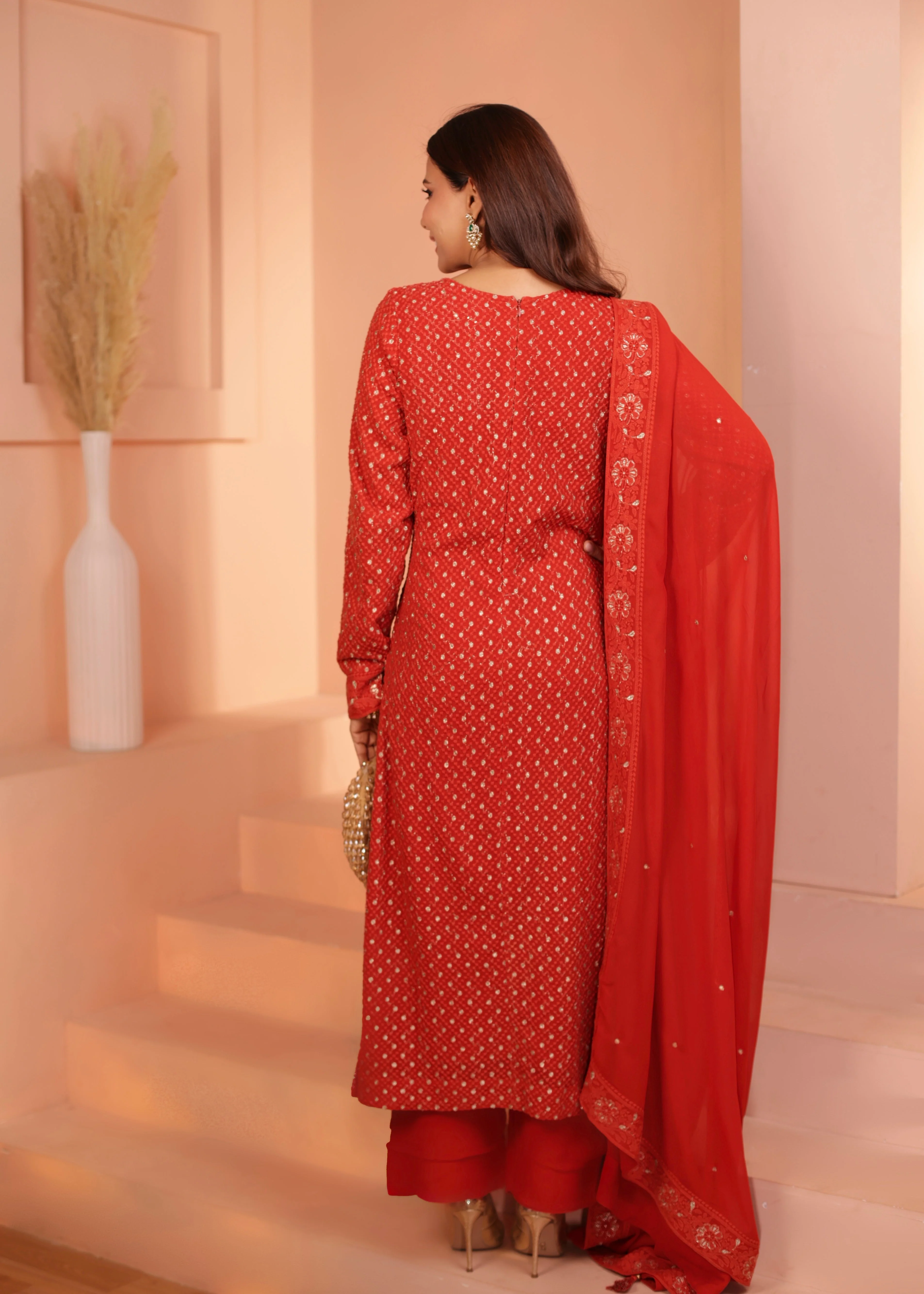 Bright Red Embellished Georgette Silk Pant Set - Image 5