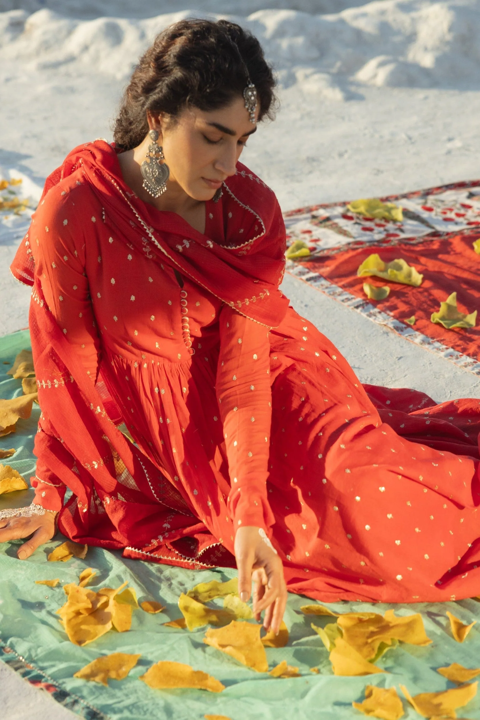Bright Red Embellished Mul Cotton Anarkali Set - Image 2