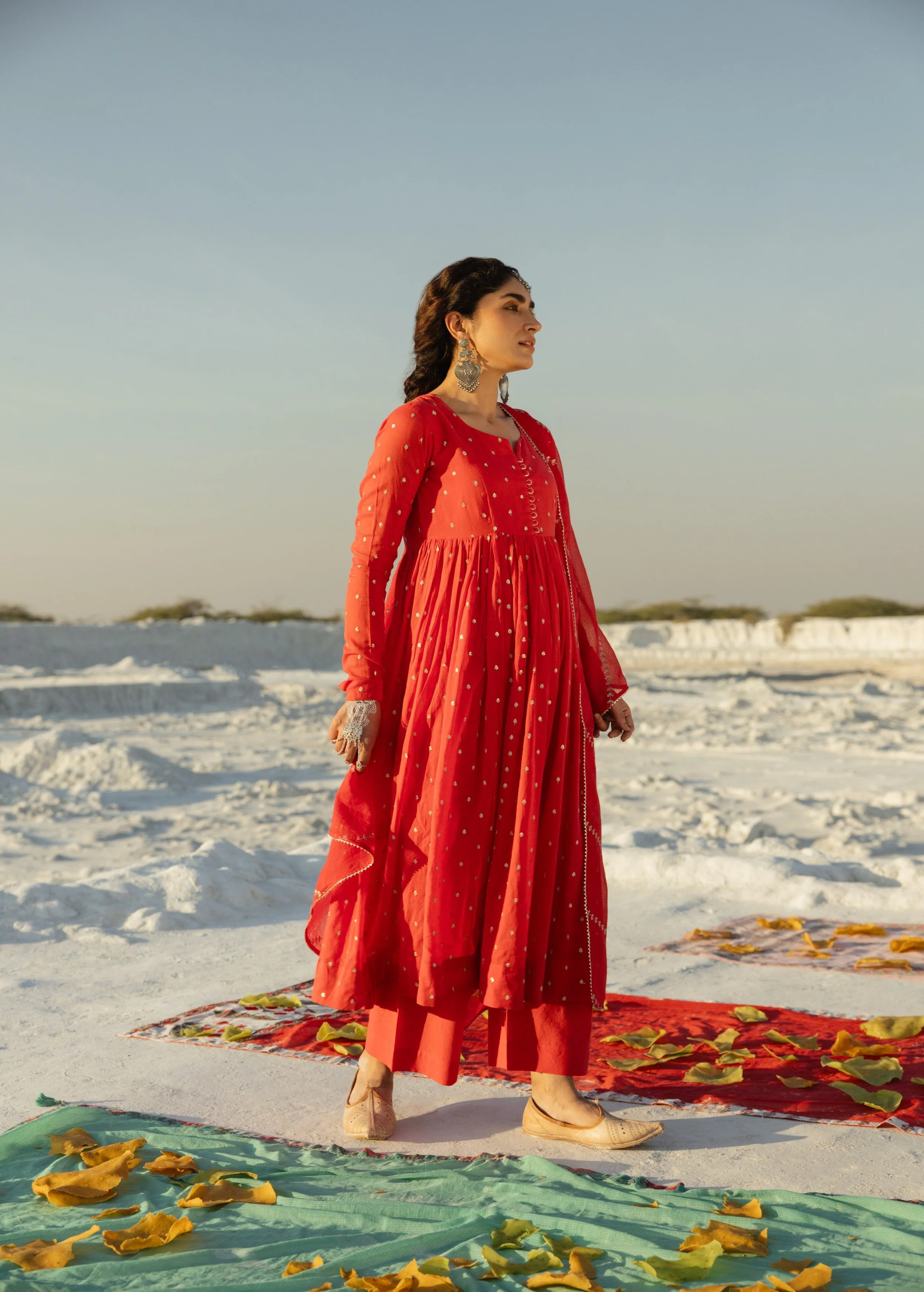 Bright Red Embellished Mul Cotton Anarkali Set - Image 3