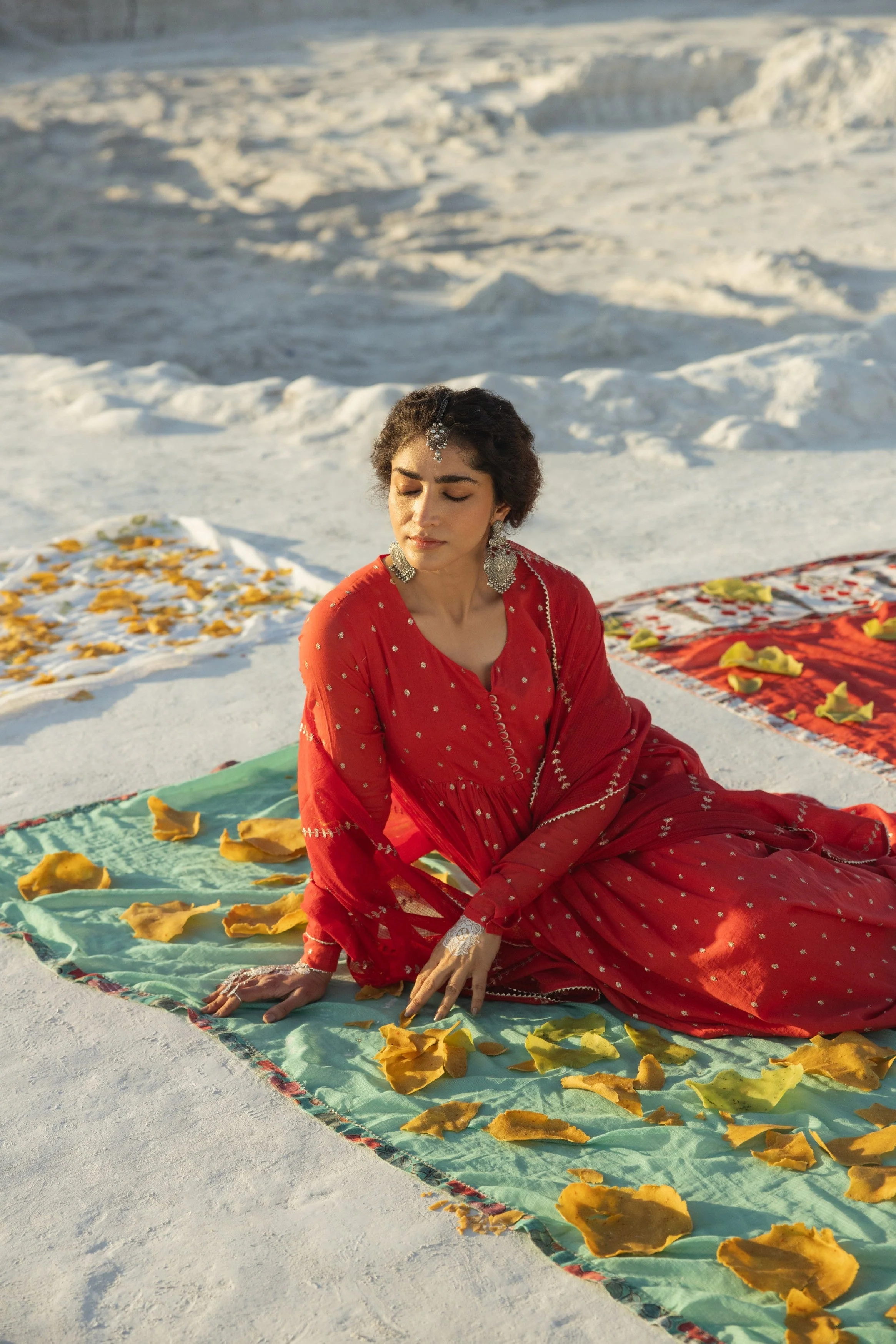 Bright Red Embellished Mul Cotton Anarkali Set - Image 4