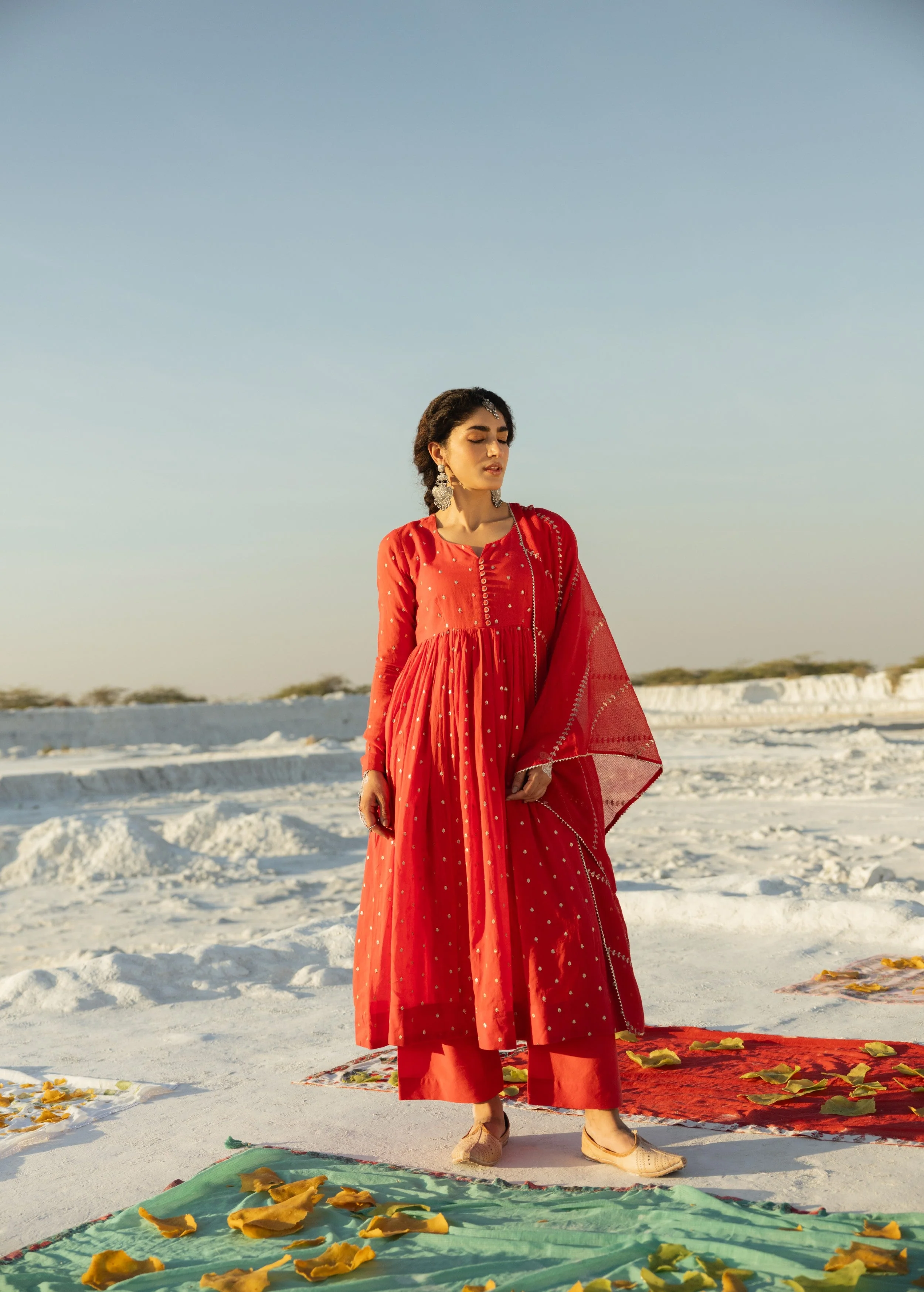Bright Red Embellished Mul Cotton Anarkali Set - Image 5
