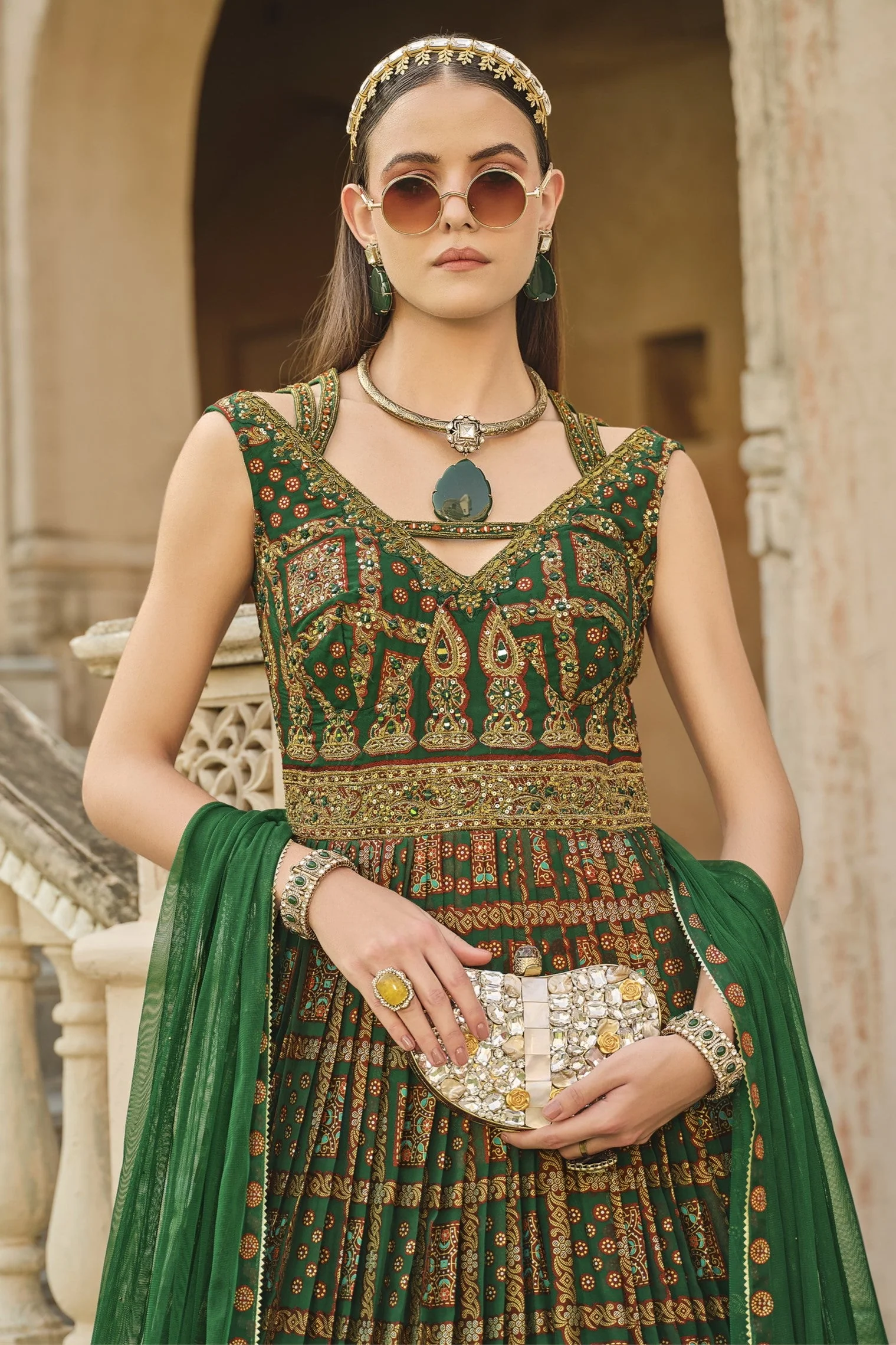 Green Embellished Premium Silk Anarkali Set - Image 3
