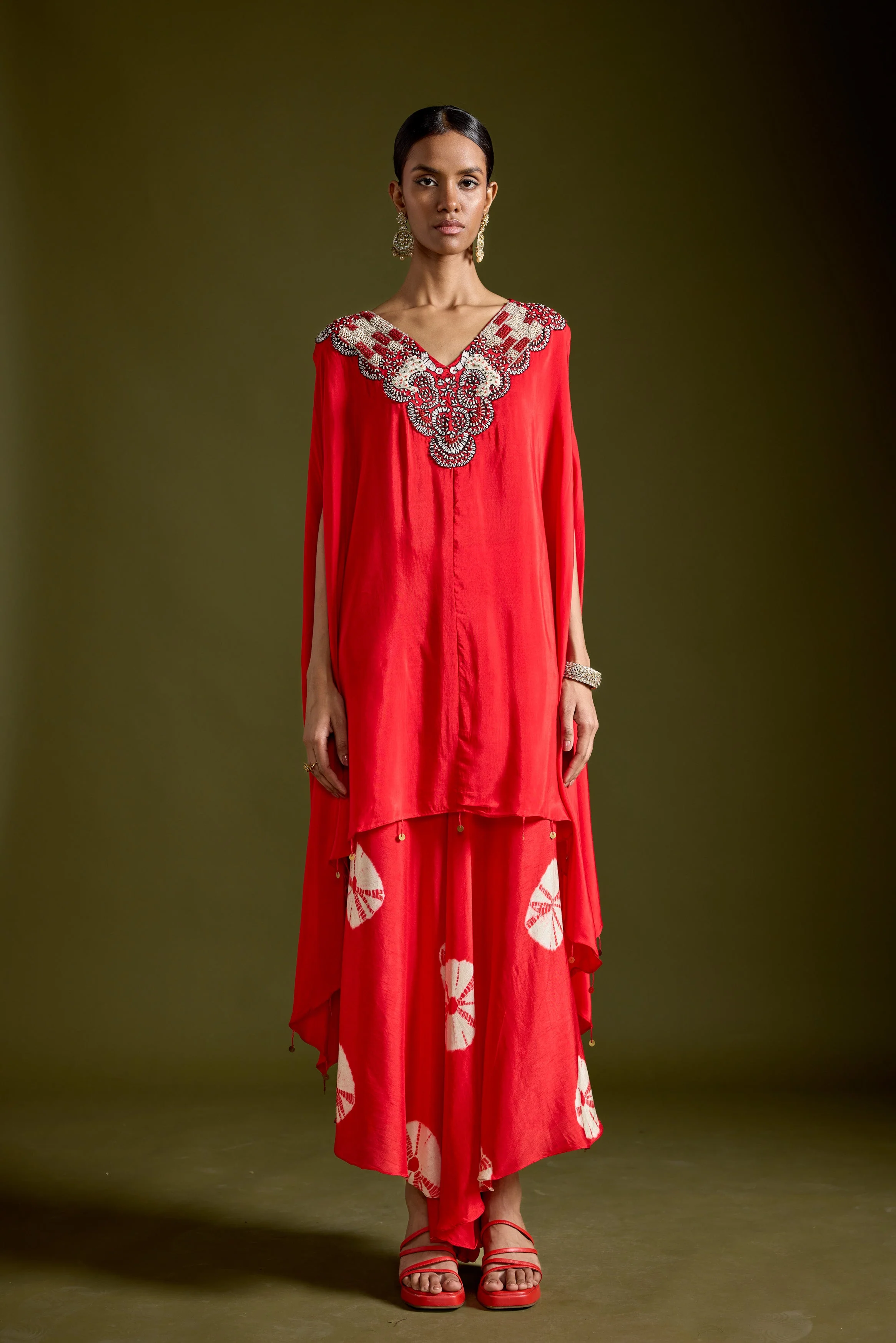 Red Embellished Premium Silk Kaftan Set