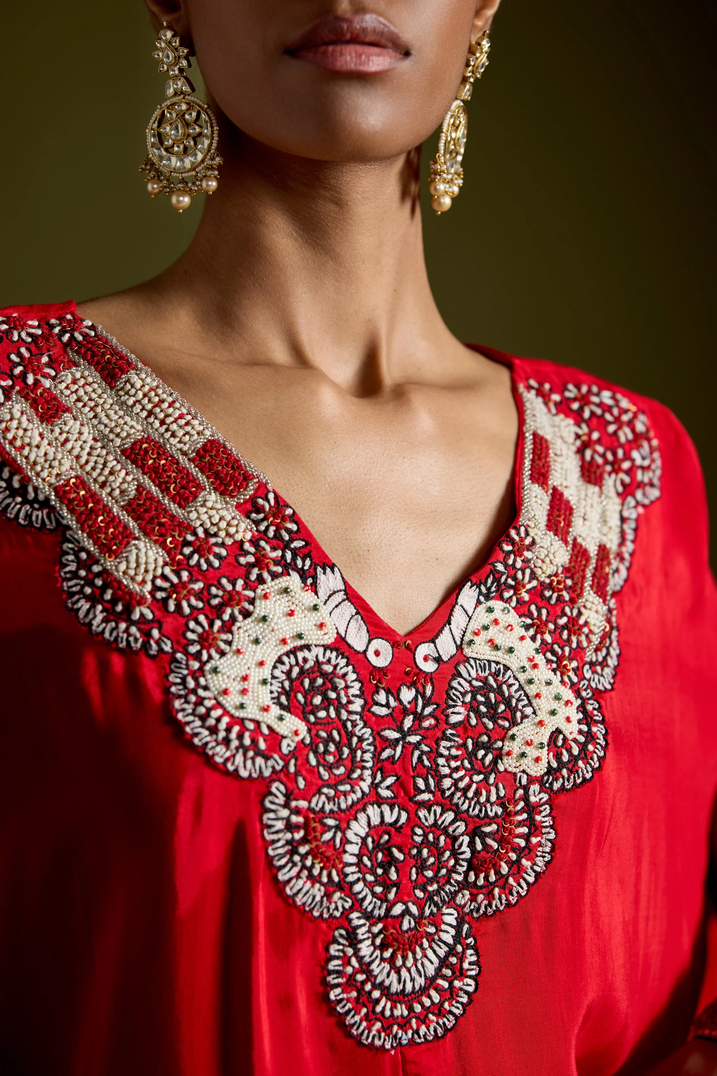 Red Embellished Premium Silk Kaftan Set - Image 2