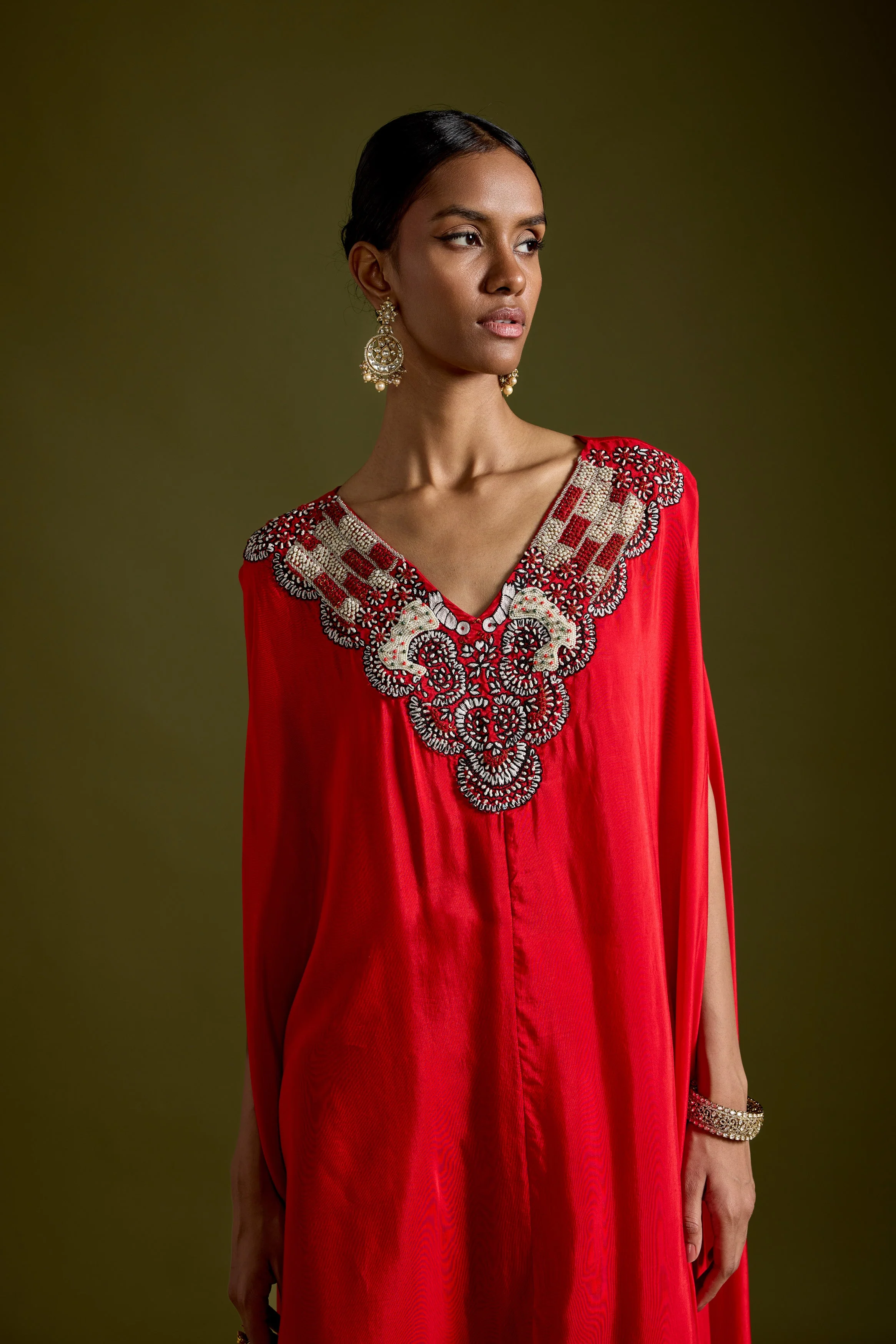 Red Embellished Premium Silk Kaftan Set - Image 4