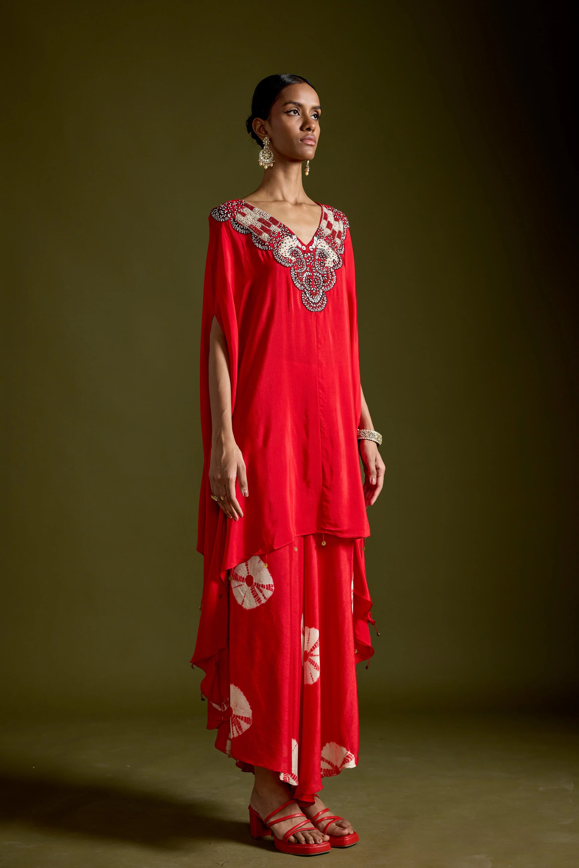Red Embellished Premium Silk Kaftan Set - Image 5