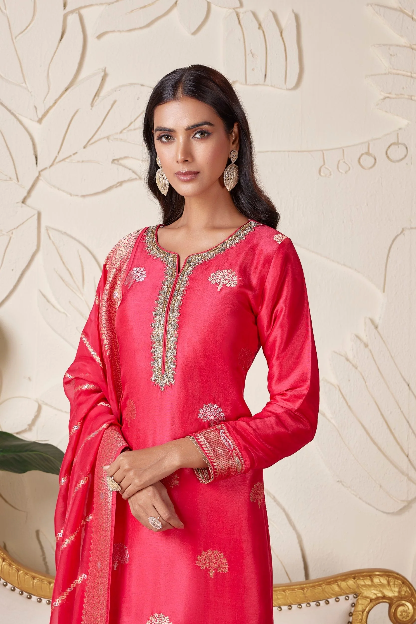 Salmon Pink Embellished Premium Silk Pant Set - Image 2