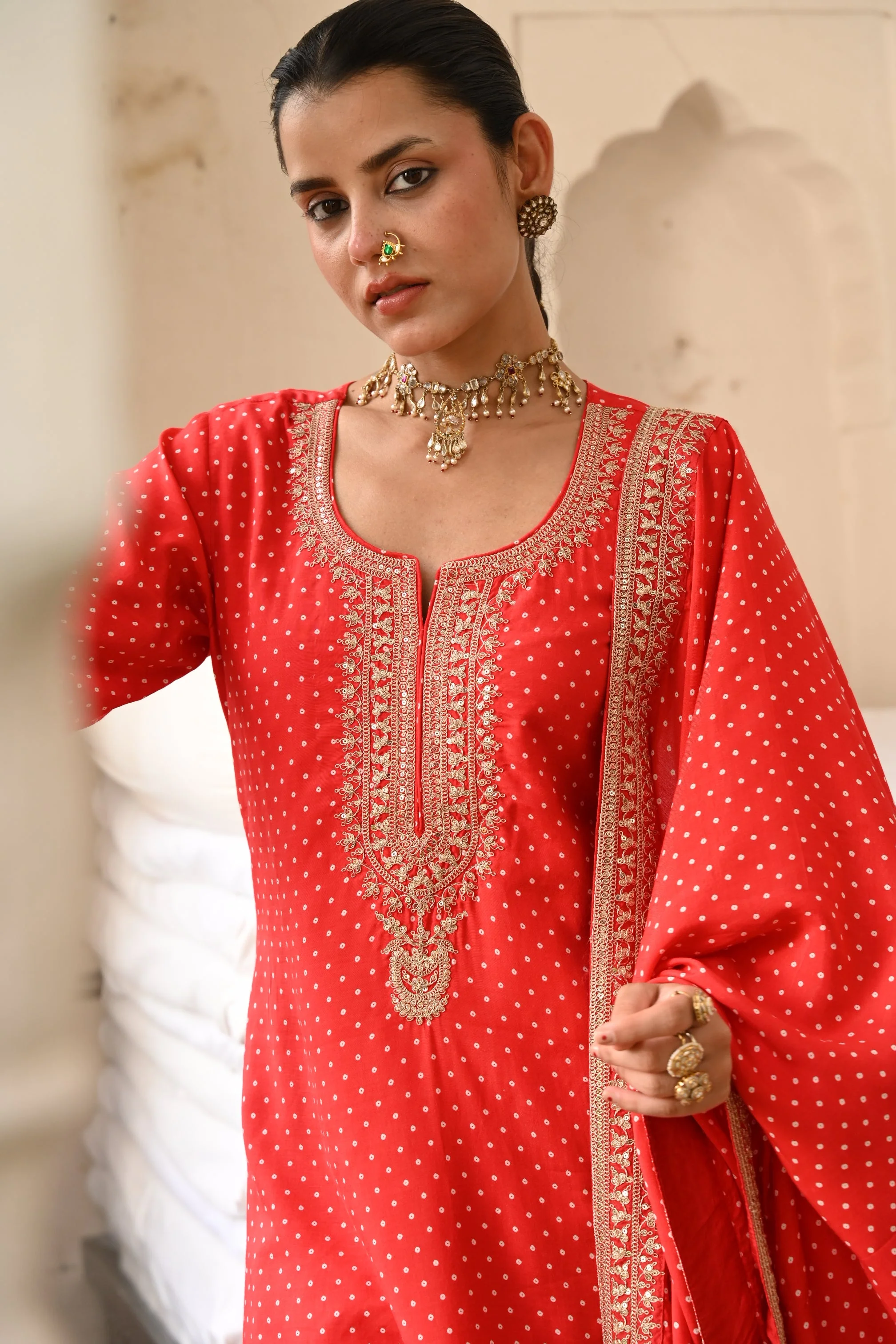 Red Embellished Pure Muslin Silk Pant Set - Image 2