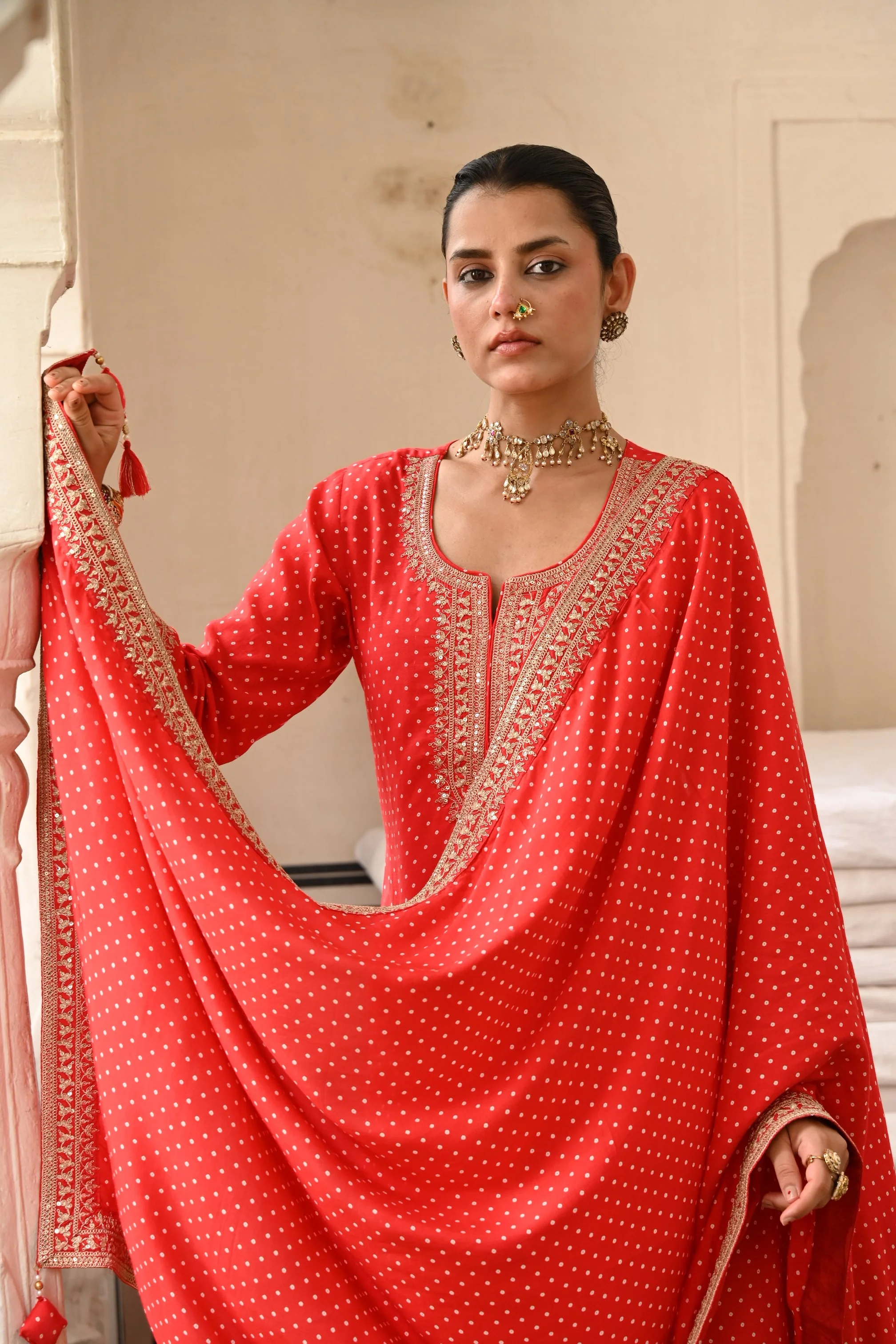 Red Embellished Pure Muslin Silk Pant Set - Image 3