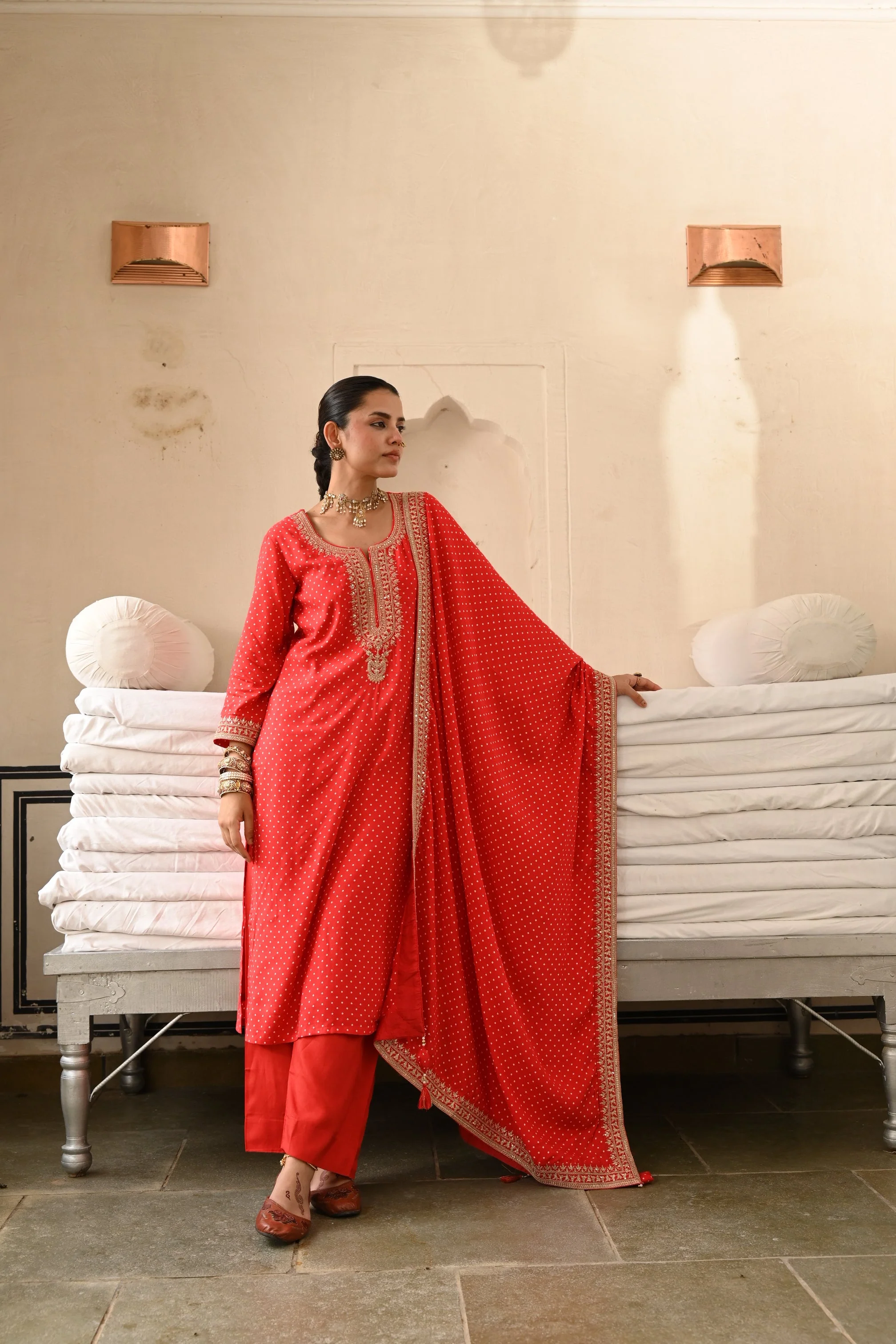 Red Embellished Pure Muslin Silk Pant Set - Image 4