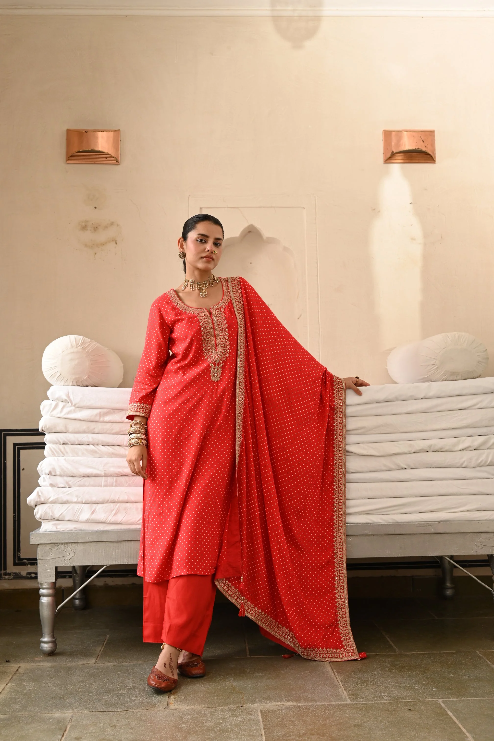 Red Embellished Pure Muslin Silk Pant Set - Image 5