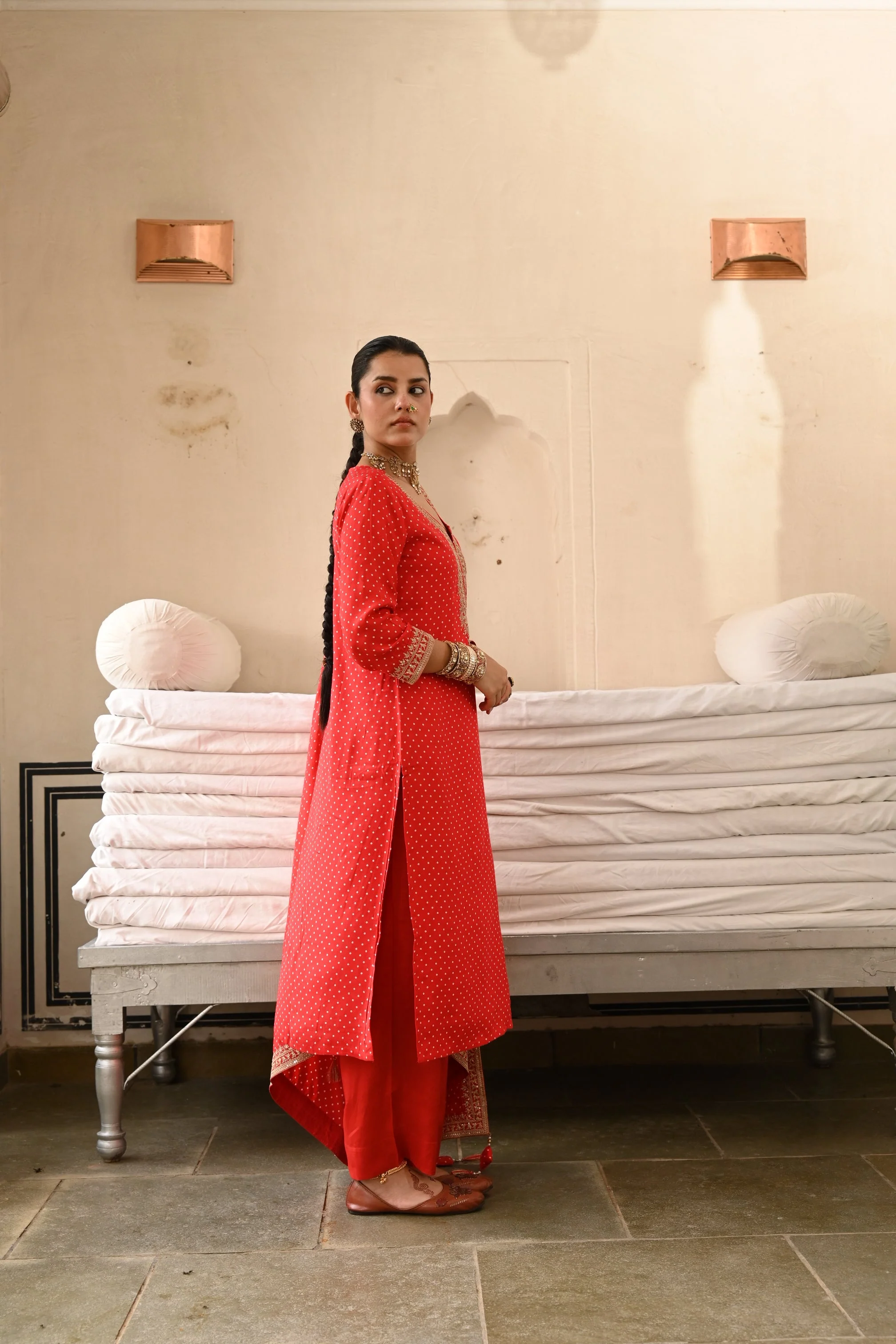 Red Embellished Pure Muslin Silk Pant Set - Image 6