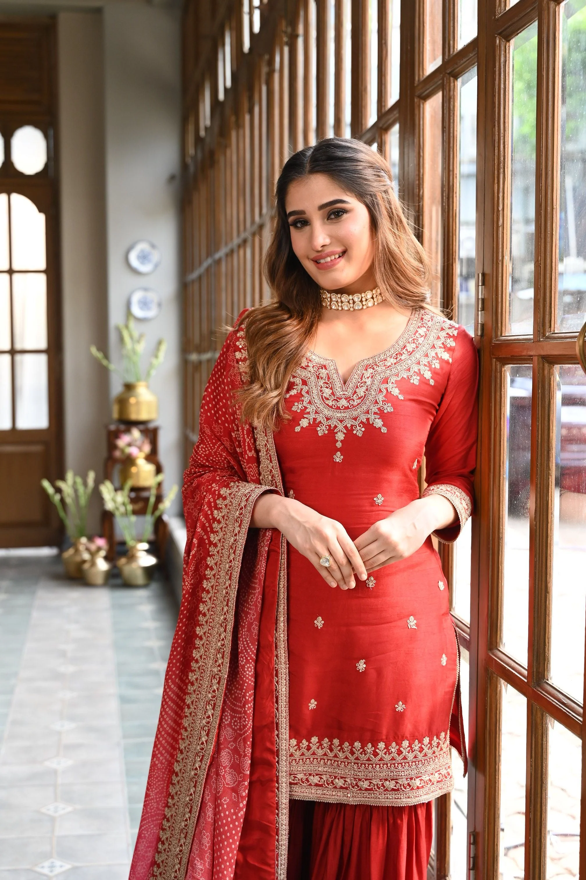 Red Embellished Pure Dola Silk Sharara Set - Image 2
